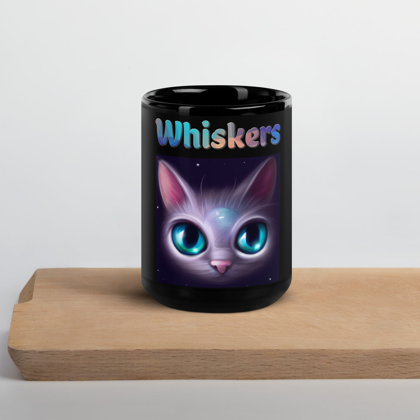 Black Glossy Mug with Cat With Bright Blue Eyes with text "Whiskers" at $25.97 found at Personalizedpetlovergifts