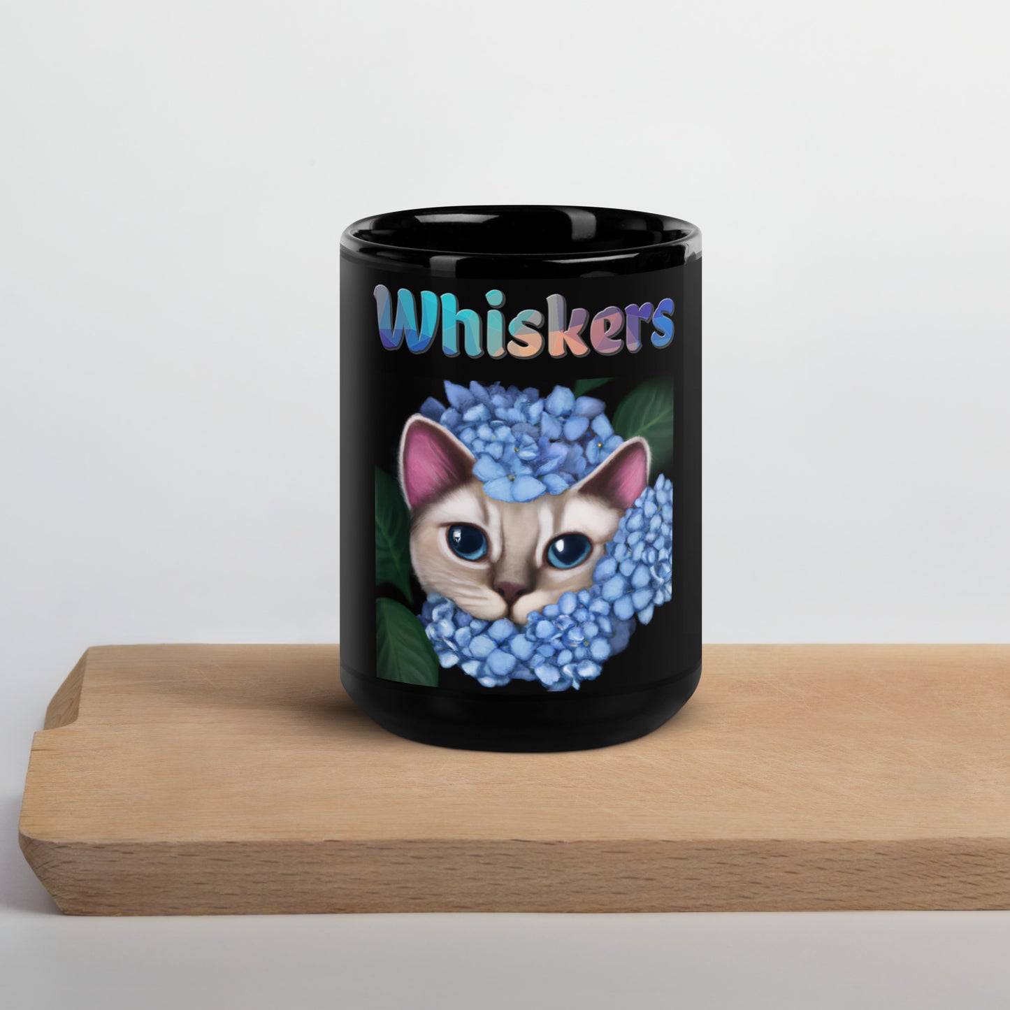 Black Glossy Mug with Cat With Blue Hydrangea Flowers with text "Whiskers" at $25.97 found at Personalizedpetlovergifts