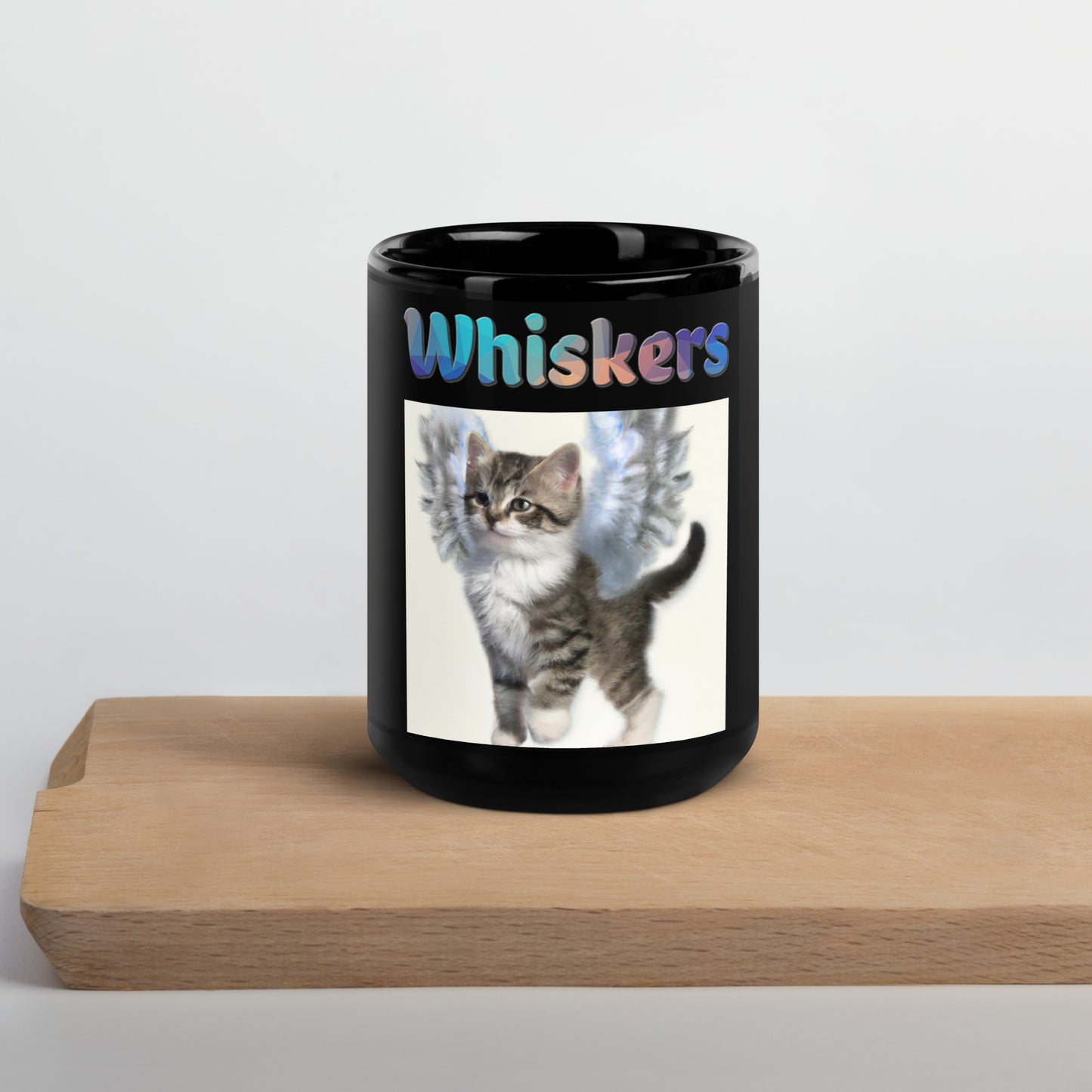 Black Glossy Mug with Cat With Beautiful Angel Wings with text "Whiskers" at $25.97 found at Personalizedpetlovergifts