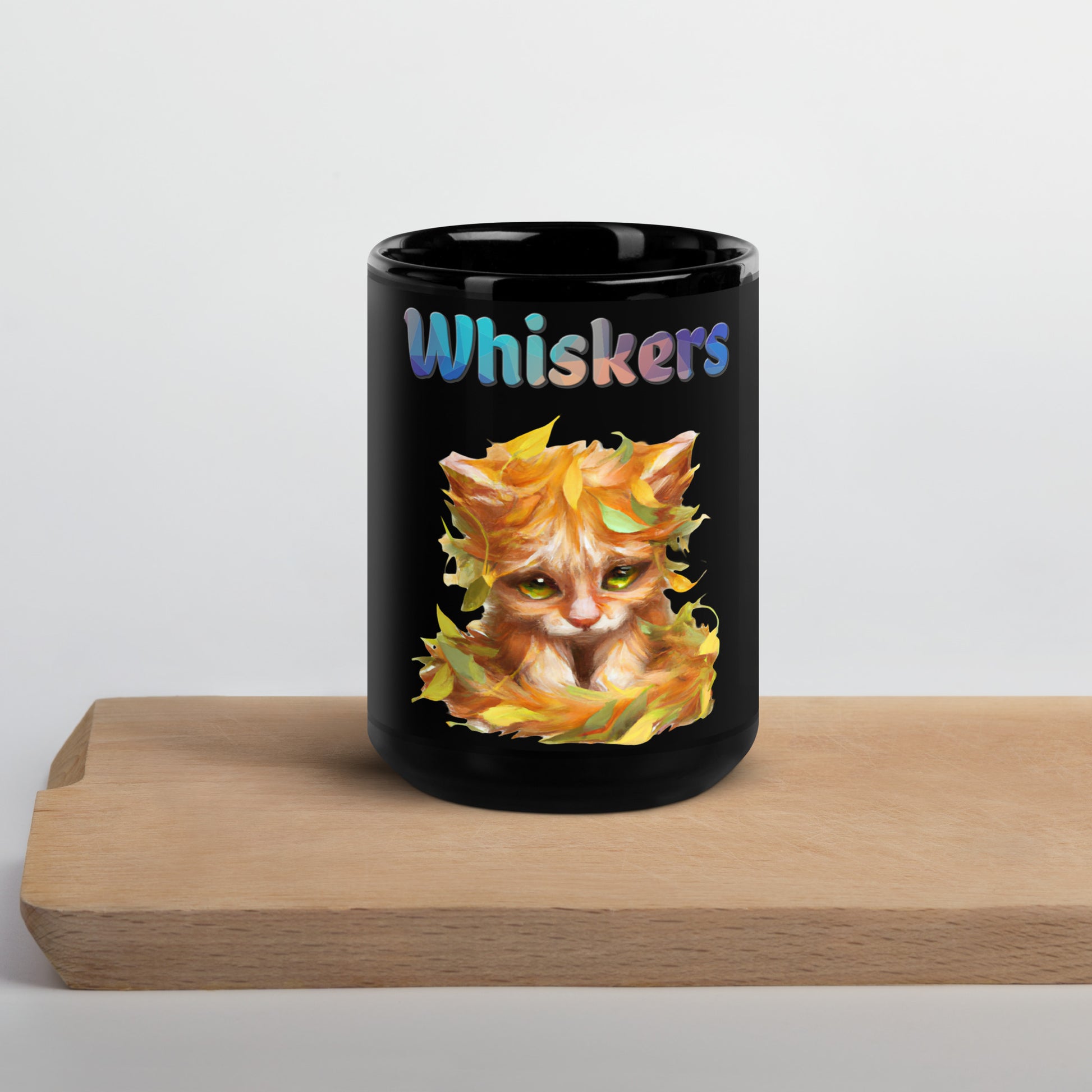 Black Glossy Mug with Cat With Autumn Leaves with text "Whiskers" at $25.97 found at Personalizedpetlovergifts