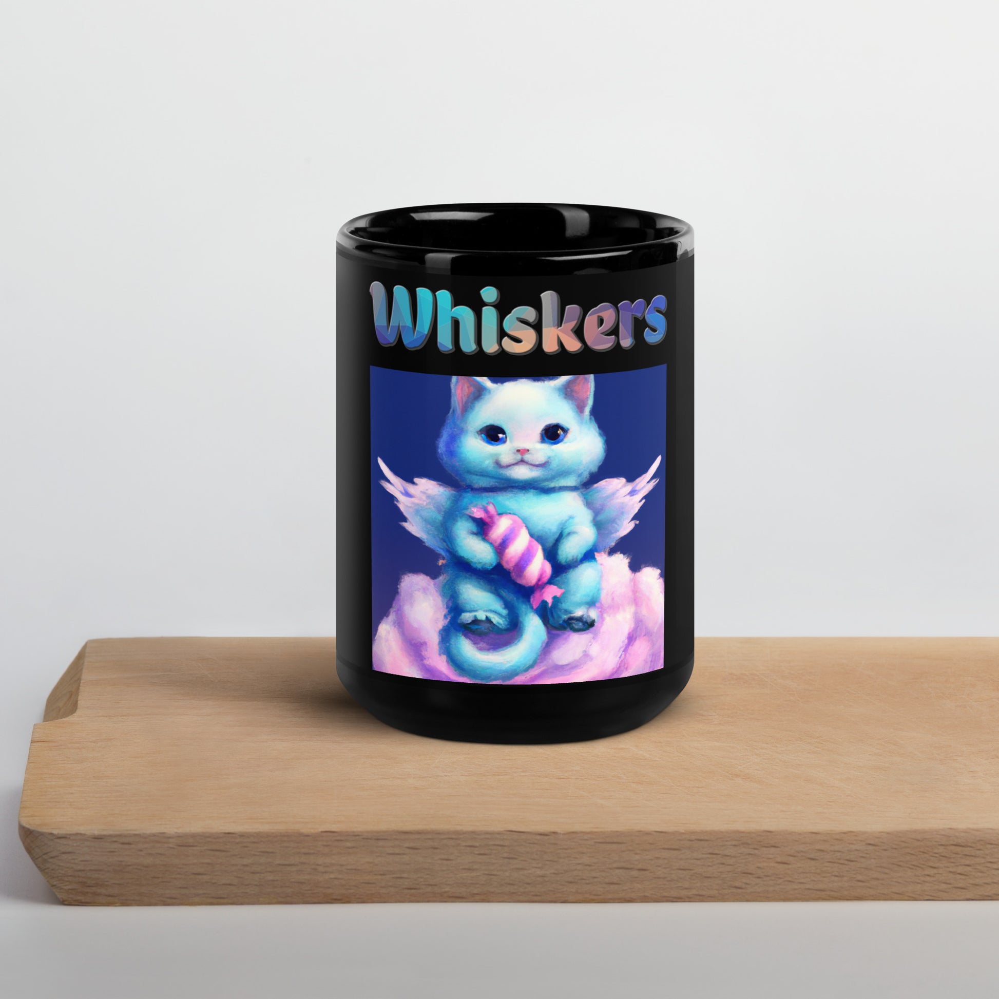 Black Glossy Mug with Cat With Angel Wings In The Clouds with text "Whiskers" at $25.97 found at Personalizedpetlovergifts