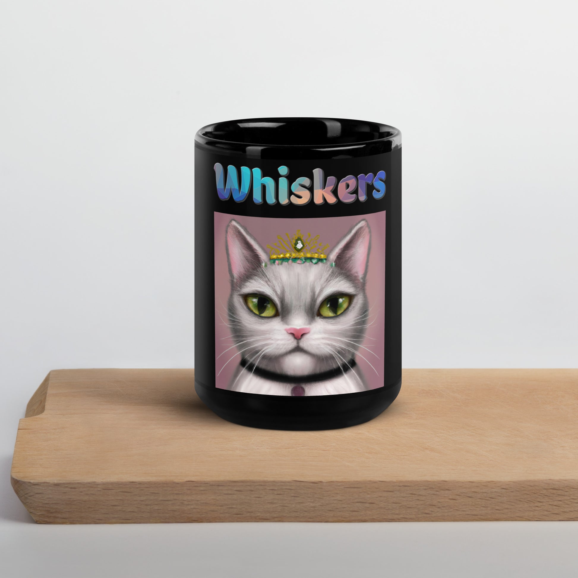 Black Glossy Mug with Cat With a Tiara with text "Whiskers" at $25.97 found at Personalizedpetlovergifts