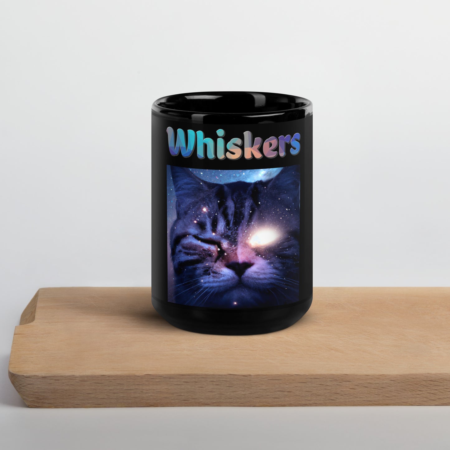 Black Glossy Mug with Cat With a Shiny Eye with text "Whiskers" at $25.97 found at Personalizedpetlovergifts