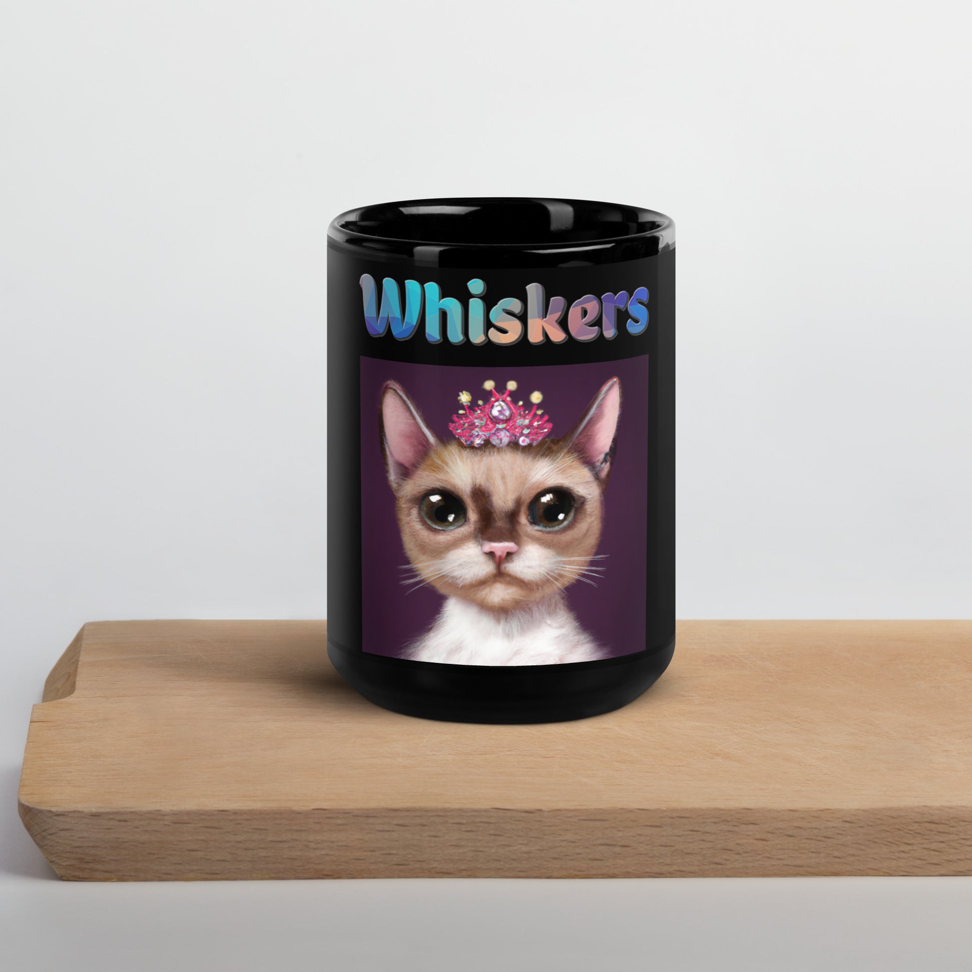 Black Glossy Mug with Cat With a Pink Tiara with text "Whiskers" at $25.97 found at Personalizedpetlovergifts