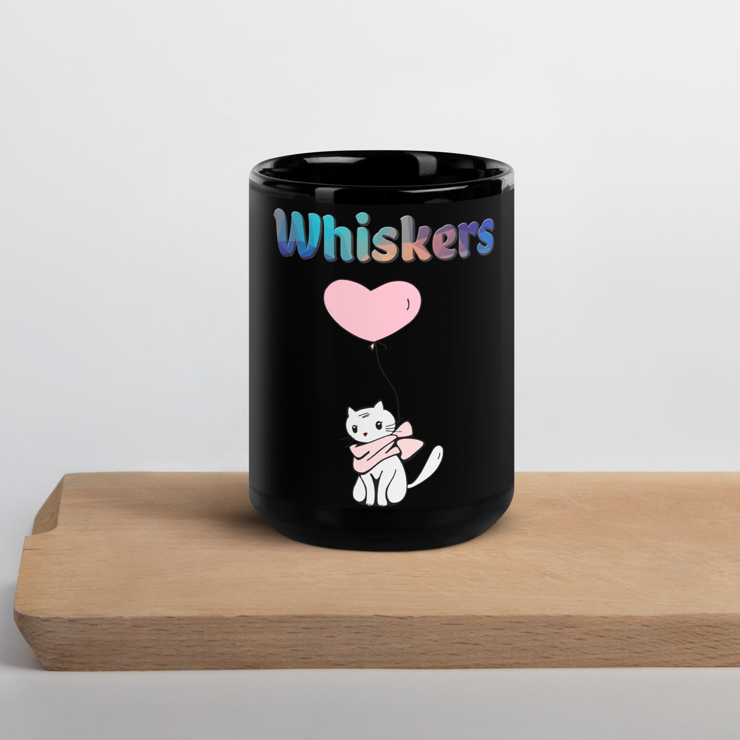 Black Glossy Mug with Cat With a Pink Heart Balloon with text "Whiskers" at $25.97 found at Personalizedpetlovergifts