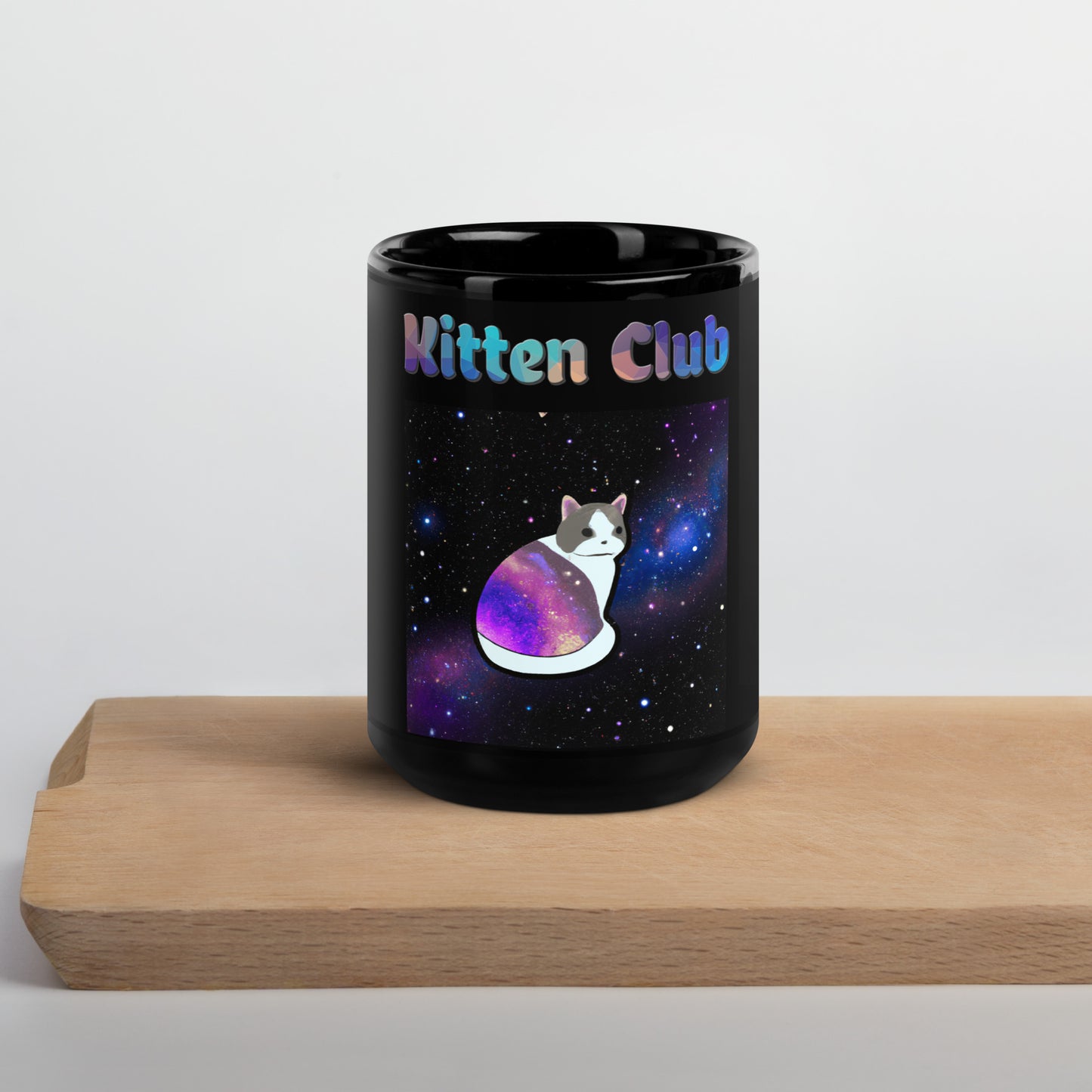 Black Glossy Mug with Cat With Space Clothes with text "Kitten Club" at $25.97 found at Personalizedpetlovergifts