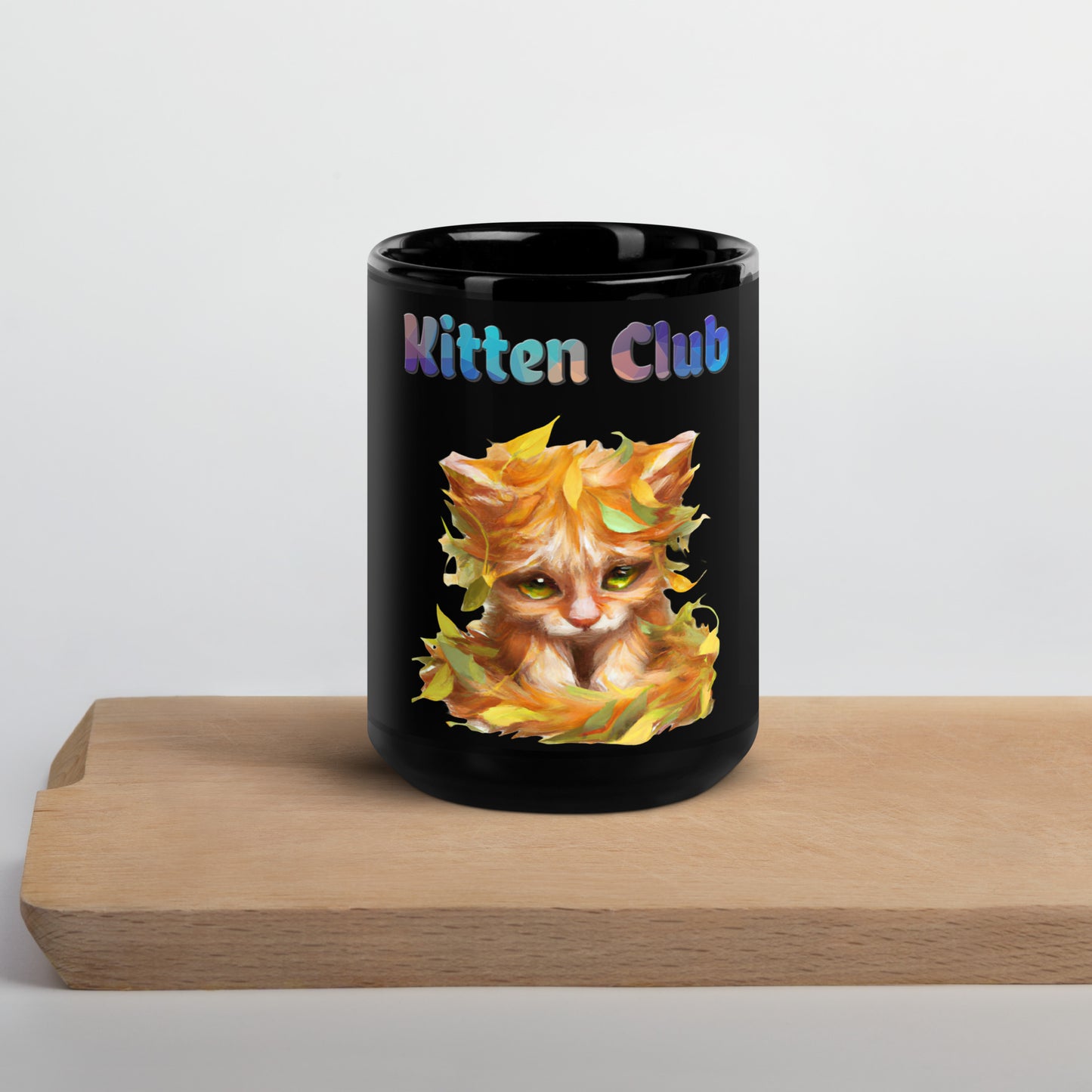 Black Glossy Mug with Cat With Autumn Leaves with text "Kitten Club" at $25.97 found at Personalizedpetlovergifts