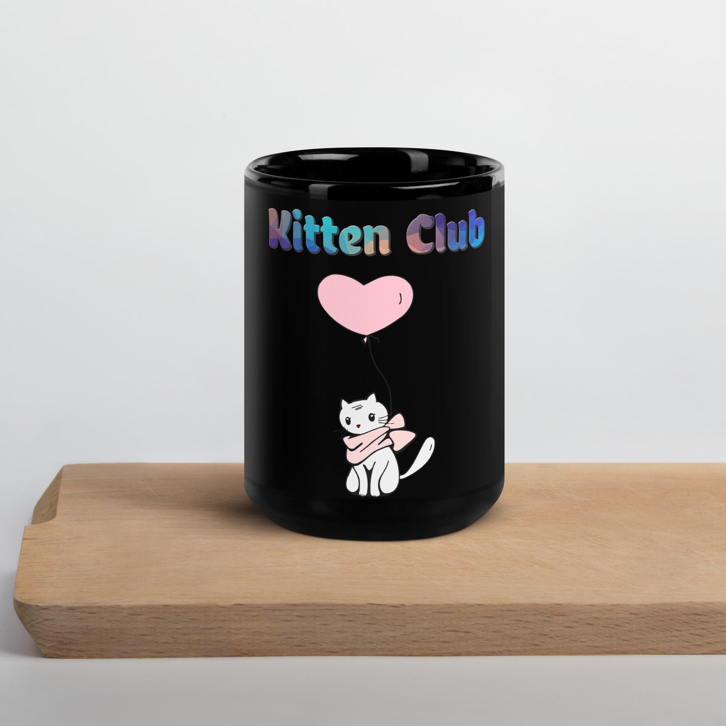 Black Glossy Mug with Cat With a Pink Heart Balloon with text "Kitten Club" at $25.97 found at Personalizedpetlovergifts