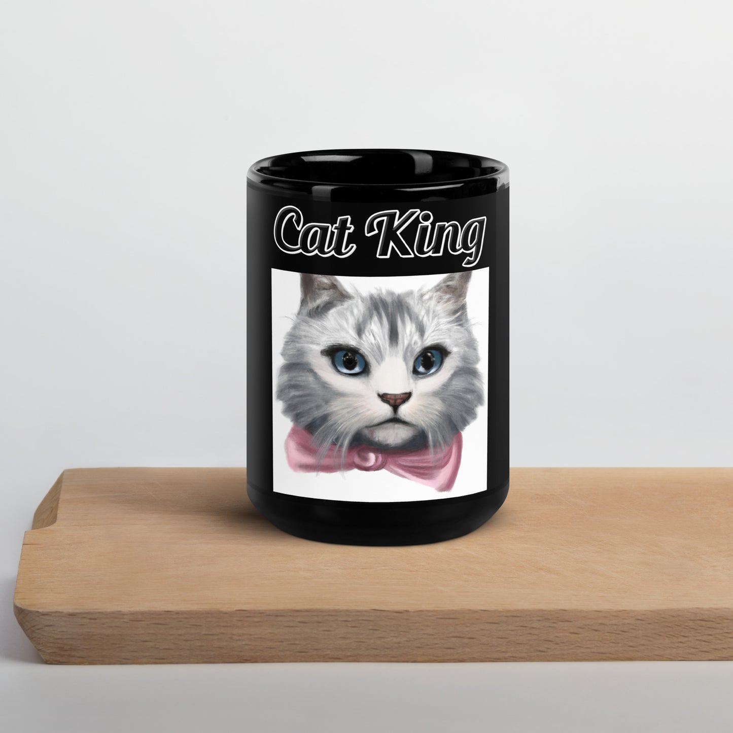 Black Glossy Mug with text White Kitten With a Pink Bow with a text "Cat King" at $11 found at Personalizedpetlovergifts