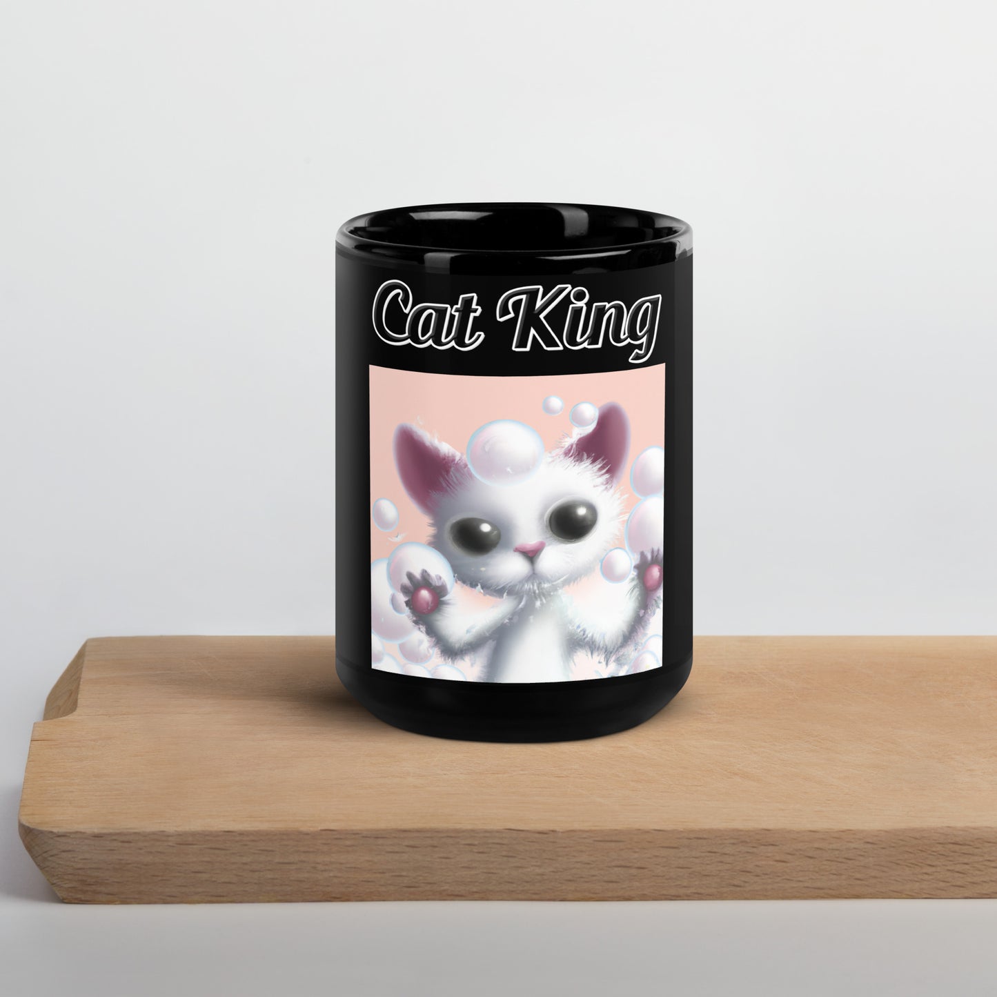 Black Glossy Mug with text White Kitten Playing With Bubbles with a text "Cat King" at $11 found at Personalizedpetlovergifts