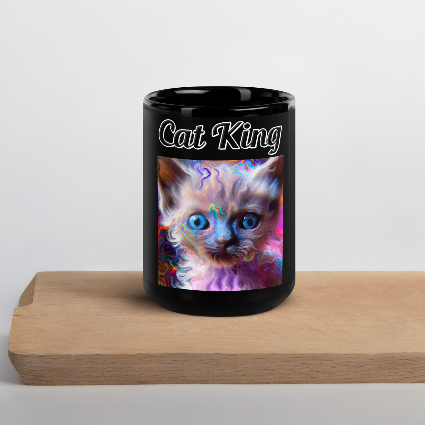 Black Glossy Mug with text Trippy Kitten with a text "Cat King" at $11 found at Personalizedpetlovergifts