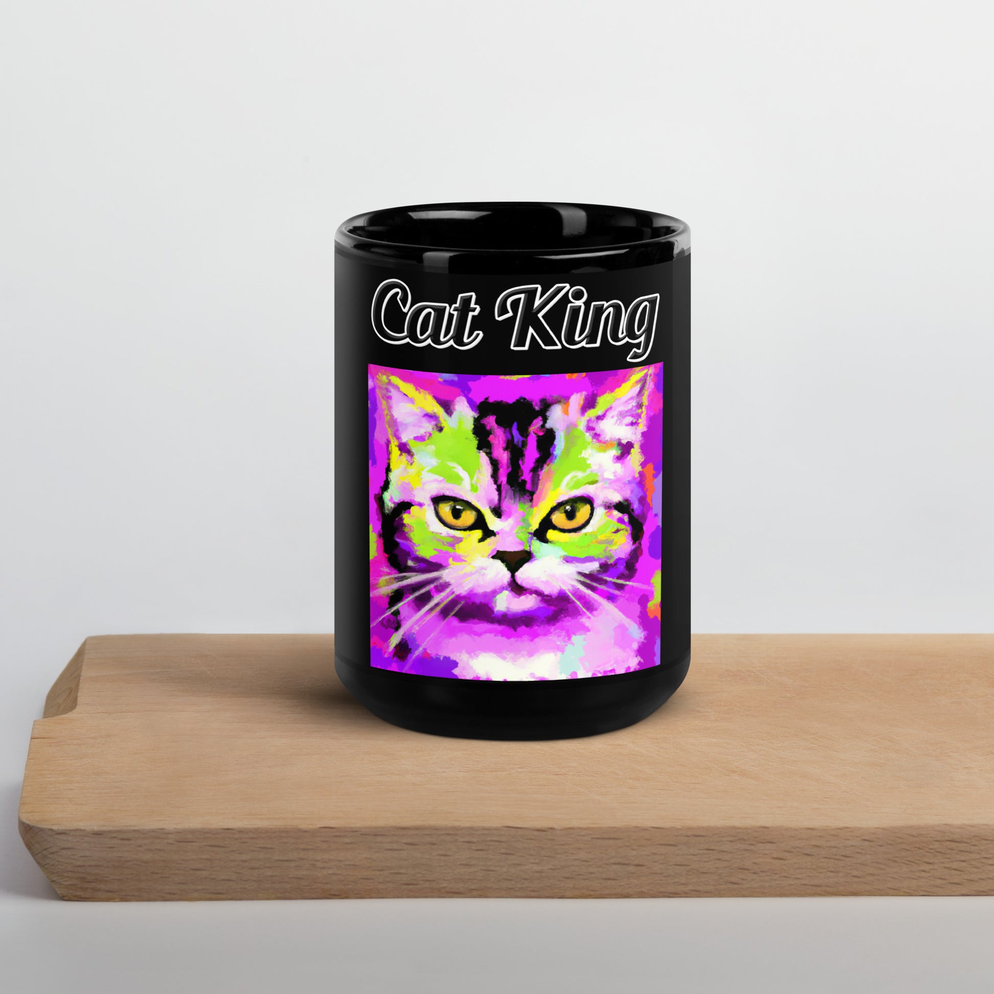 Black Glossy Mug with text Trippy Cat with a text "Cat King" at $11 found at Personalizedpetlovergifts