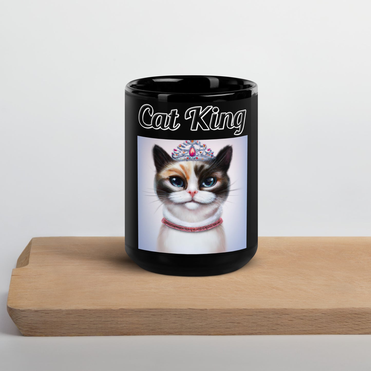 Black Glossy Mug with text Tri-Colored Cat With A Tiara with a text "Cat King" at $11 found at Personalizedpetlovergifts