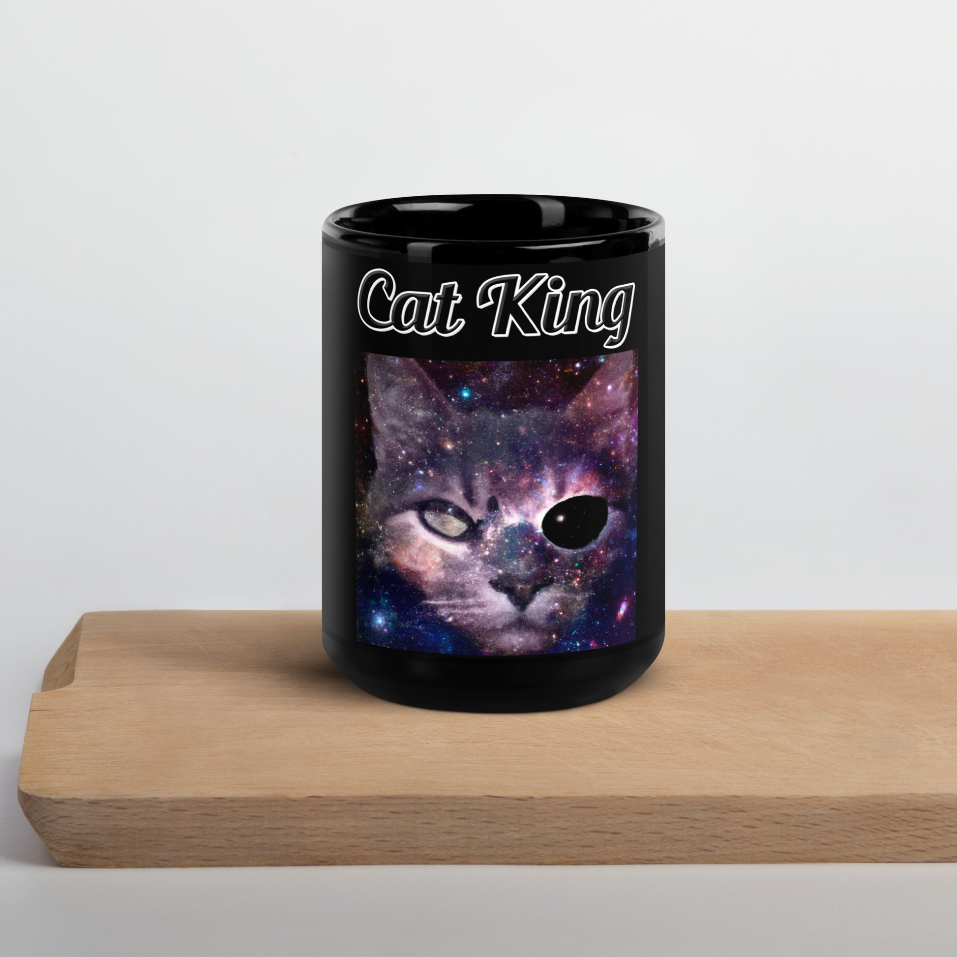 Black Glossy Mug with text Space One Eyed Cat with a text "Cat King" at $11 found at Personalizedpetlovergifts