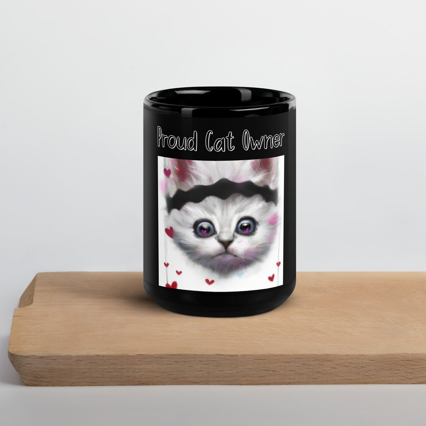 Black Glossy Mug with Kitten With a headband with a text "Proud Cat Owner" at $25.97 found at Personalizedpetlovergifts