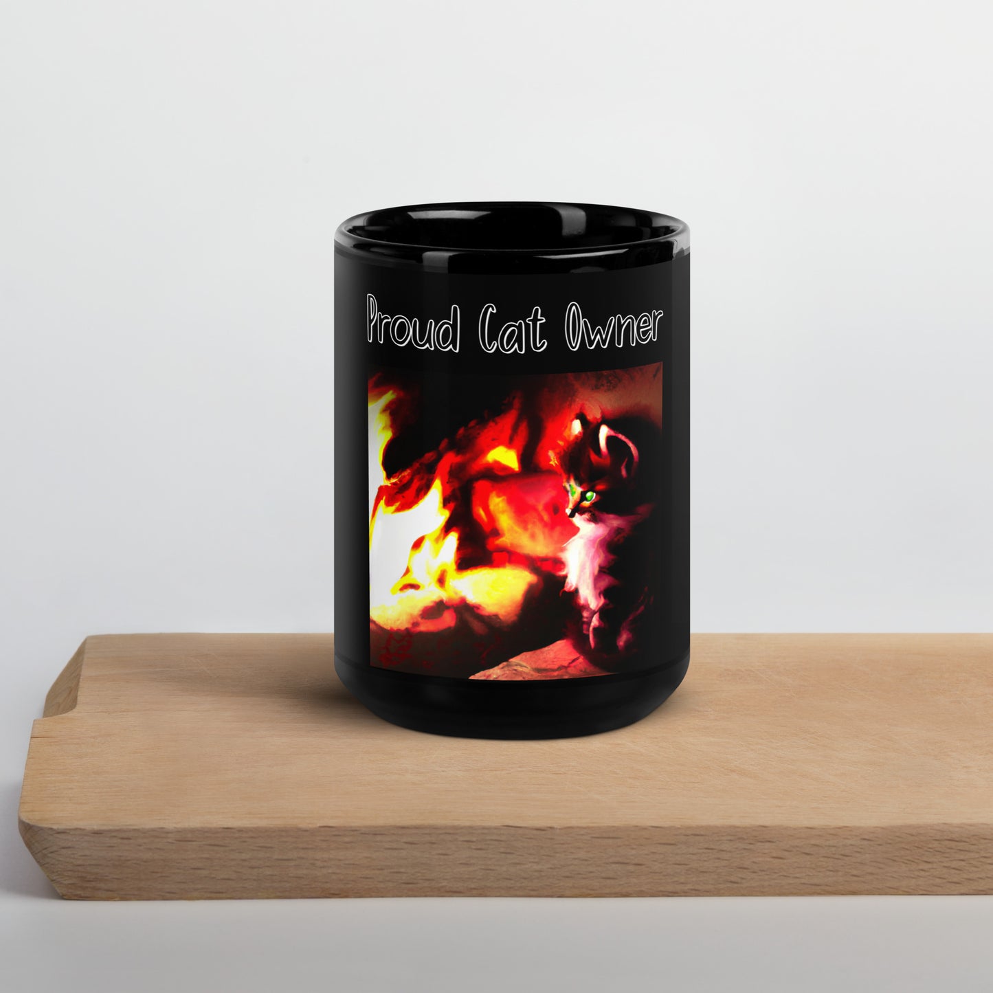 Black Glossy Mug with Kitten Warming Up Near The Fire with a text "Proud Cat Owner" at $25.97 found at Personalizedpetlovergifts