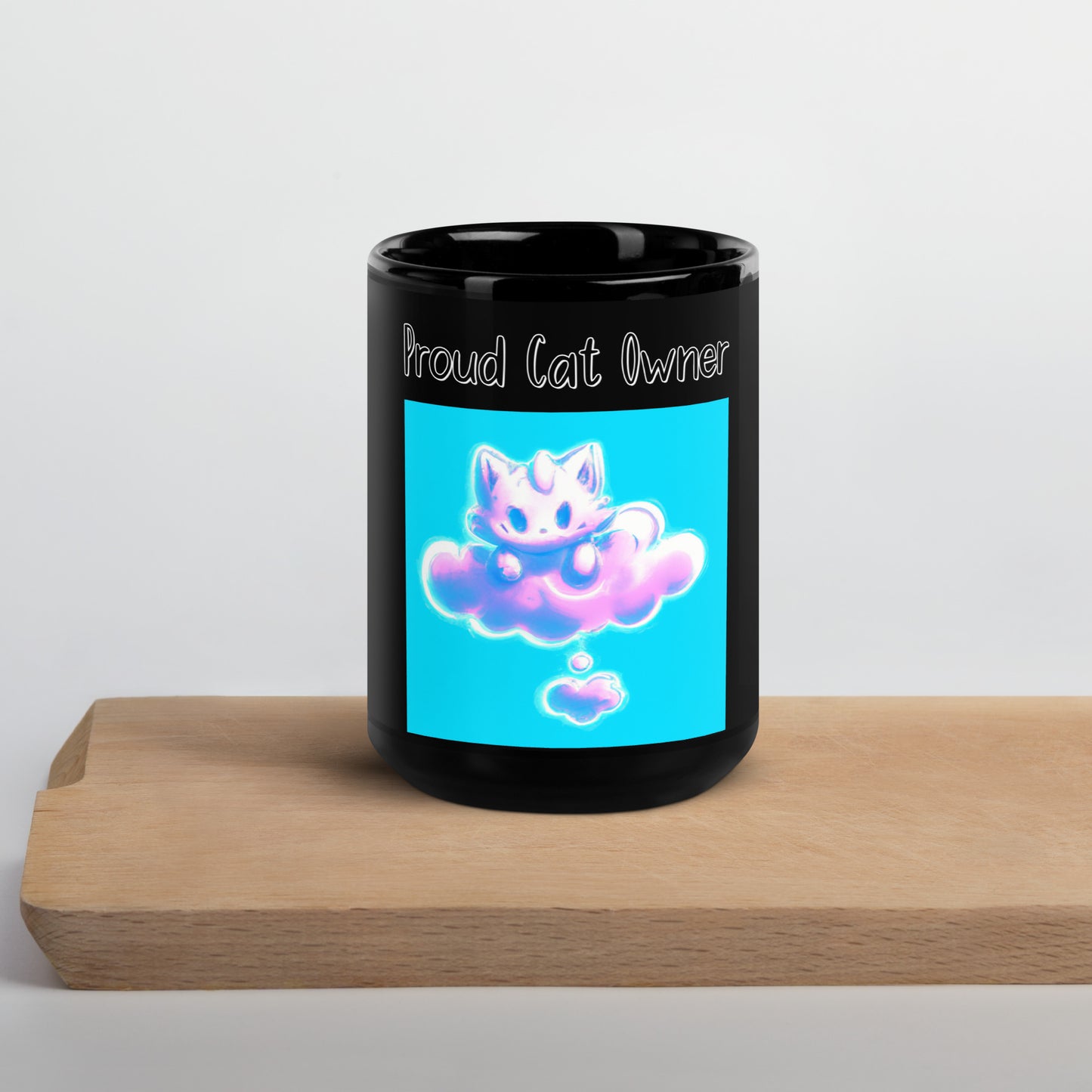 Black Glossy Mug with Kitten Sitting On A Pink Cloud with a text "Proud Cat Owner" at $25.97 found at Personalizedpetlovergifts