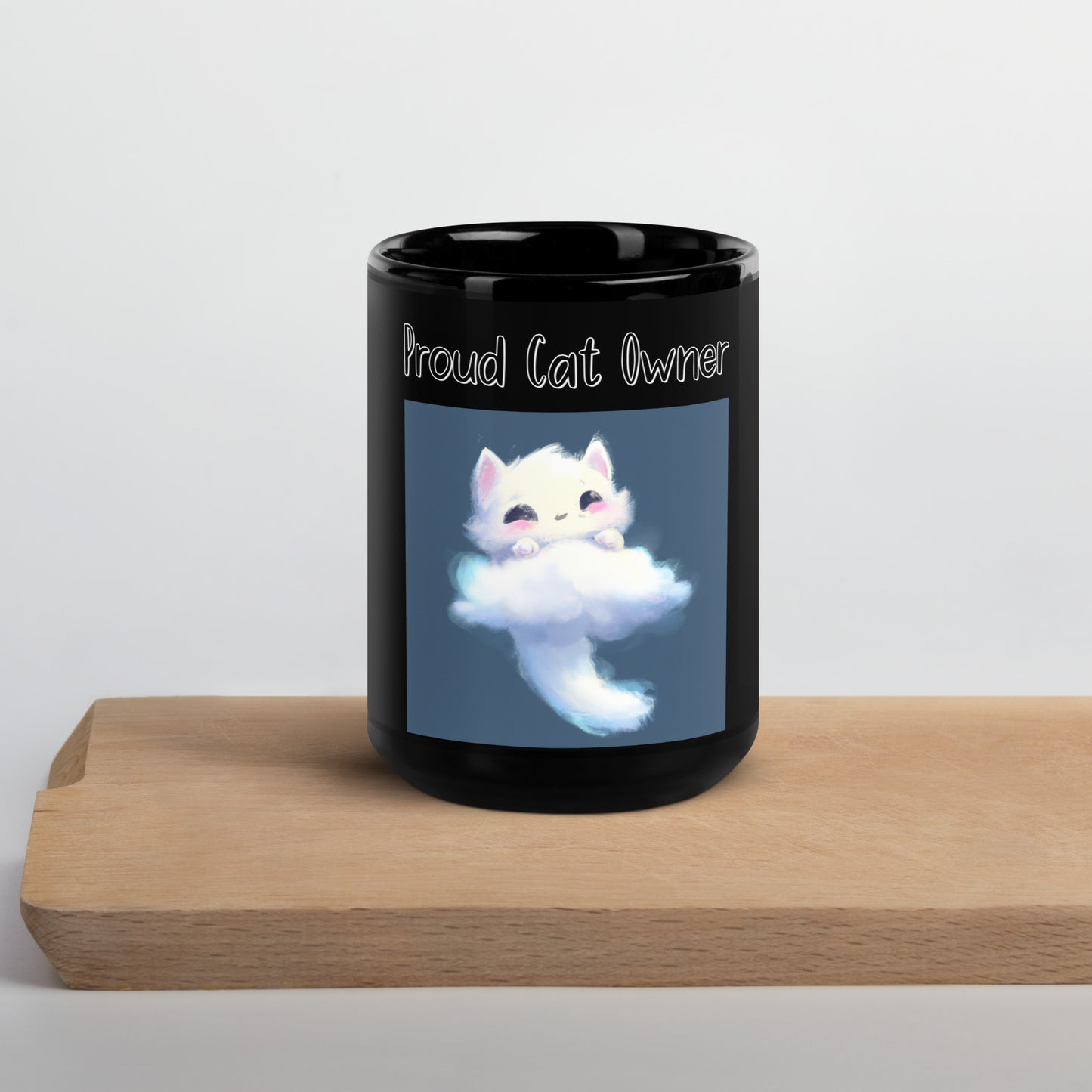 Black Glossy Mug with Kitten Shaped Cloud with a text "Proud Cat Owner" at $25.97 found at Personalizedpetlovergifts