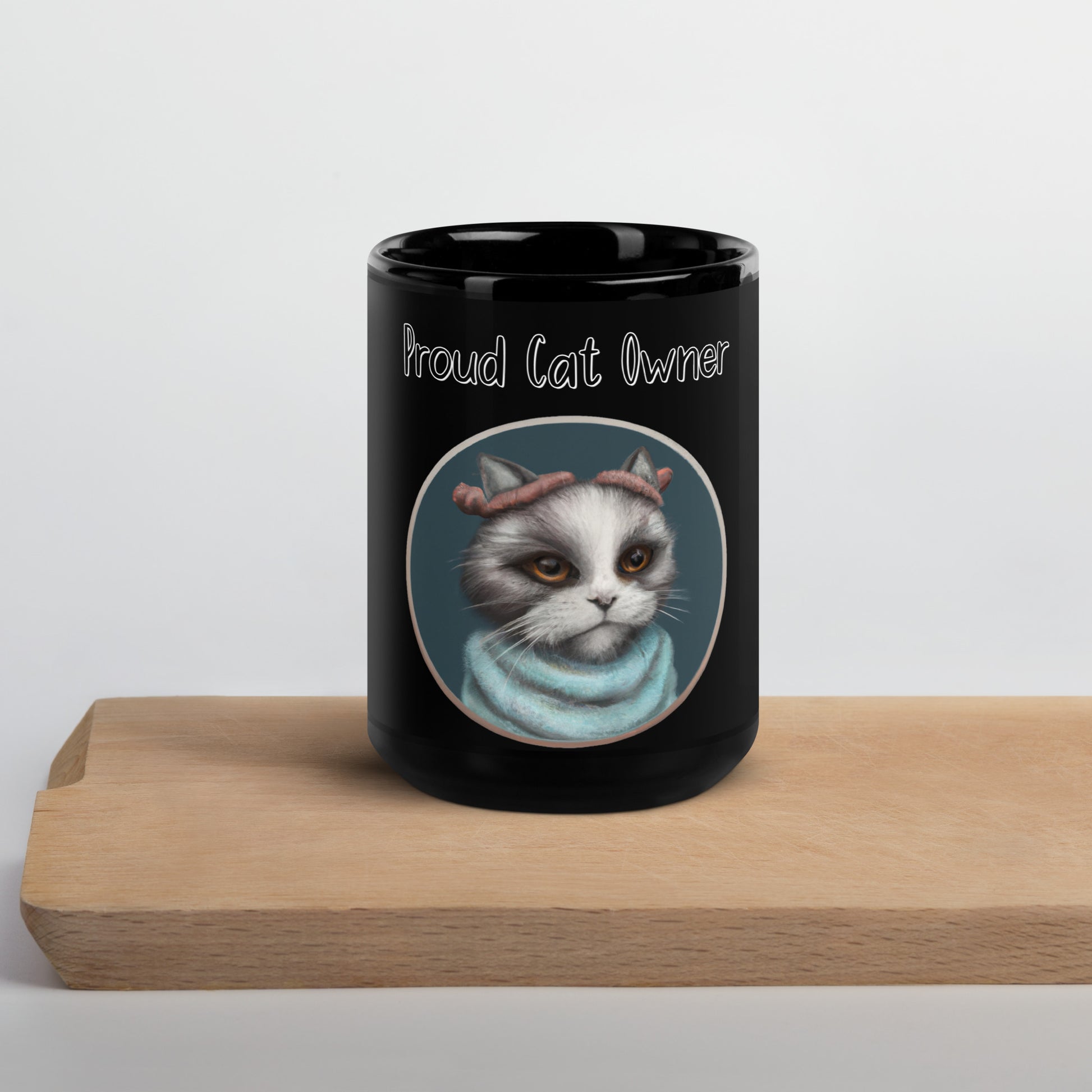 Black Glossy Mug with Kitten Portrait With a Fluffy Headband with a text "Proud Cat Owner" at $25.97 found at Personalizedpetlovergifts