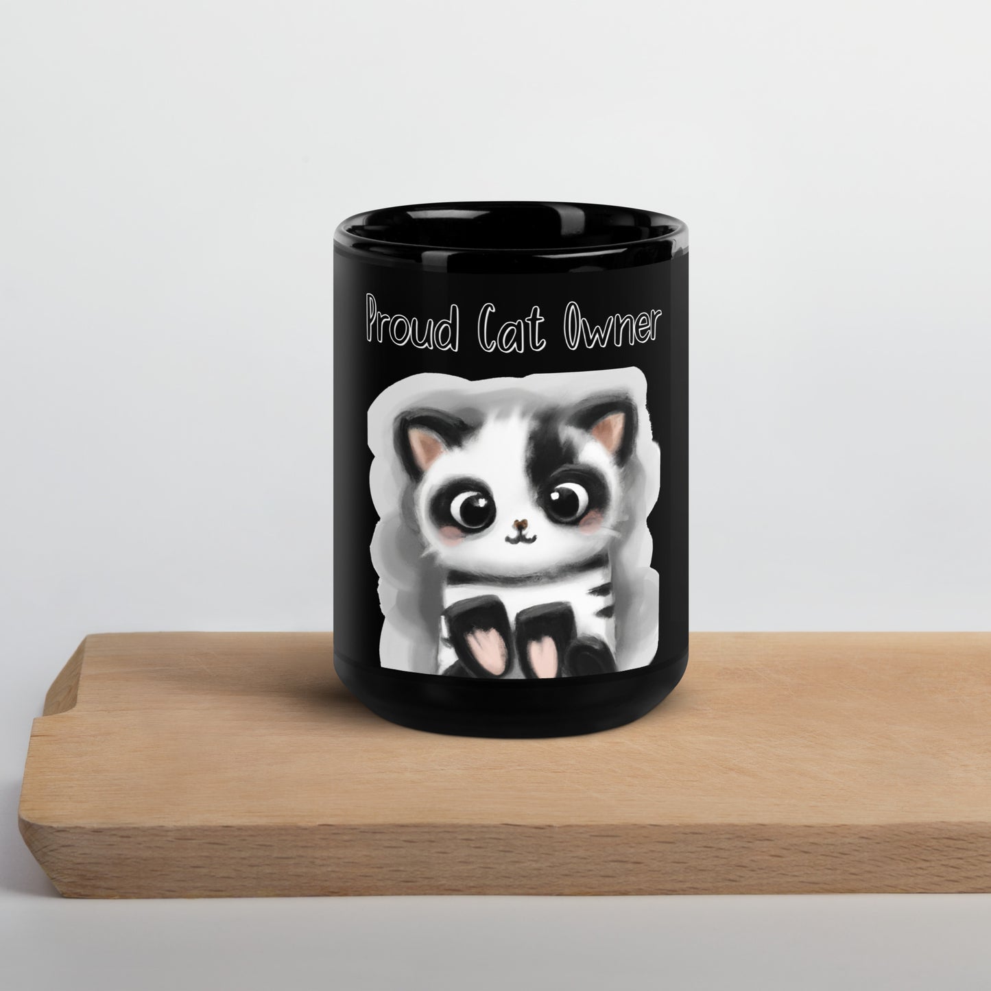 Black Glossy Mug with Kitten Panda with a text "Proud Cat Owner" at $25.97 found at Personalizedpetlovergifts