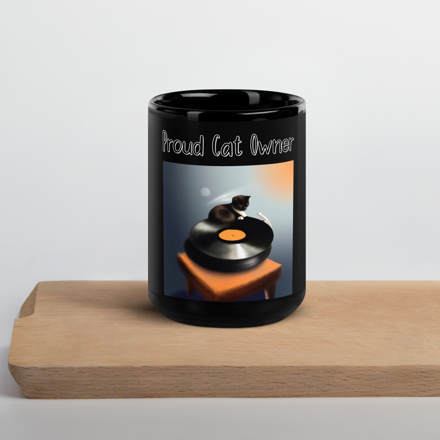 Black Glossy Mug with Kitten On a Vinyl Player with a text "Proud Cat Owner" at $25.97 found at Personalizedpetlovergifts