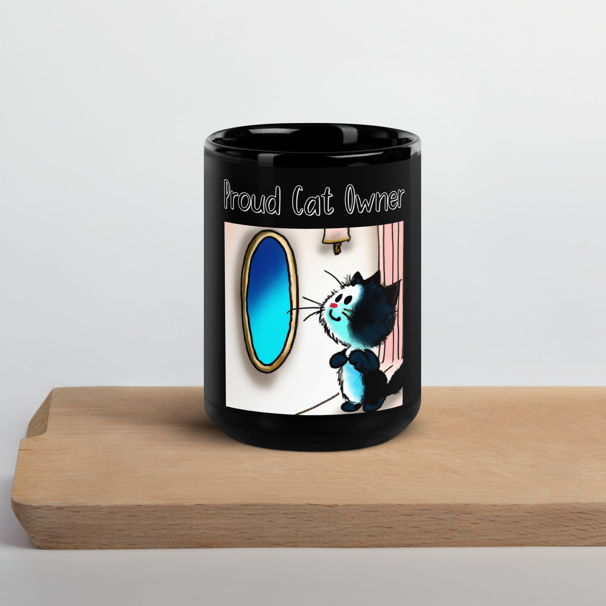 Black Glossy Mug with Kitten Looking In The Mirror with a text "Proud Cat Owner" at $25.97 found at Personalizedpetlovergifts