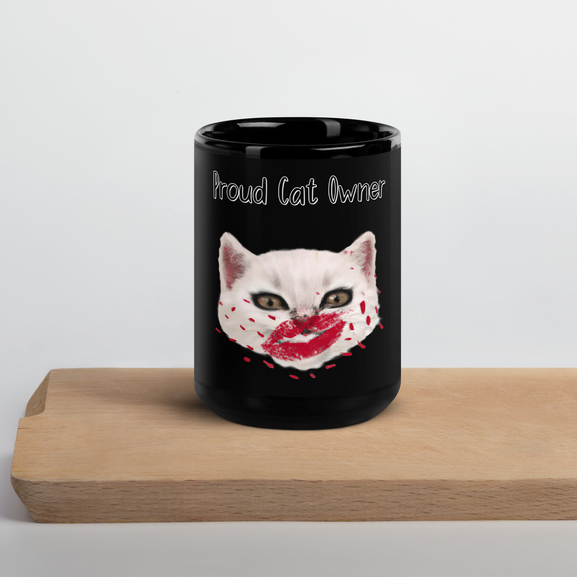 Black Glossy Mug with Kitten Kisses with a text "Proud Cat Owner" at $25.97 found at Personalizedpetlovergifts