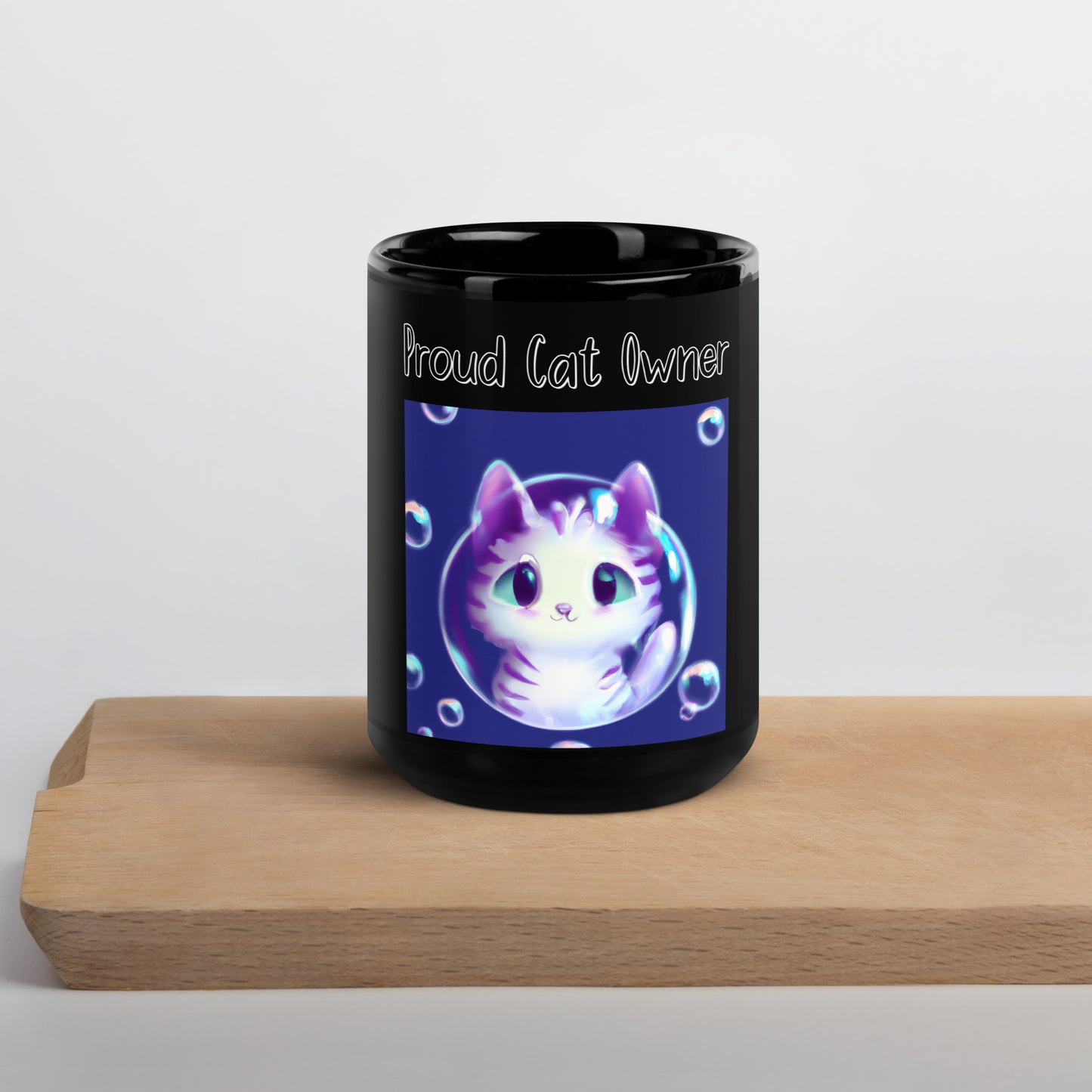 Black Glossy Mug with Kitten Inside a Soap Bubble with a text "Proud Cat Owner" at $25.97 found at Personalizedpetlovergifts