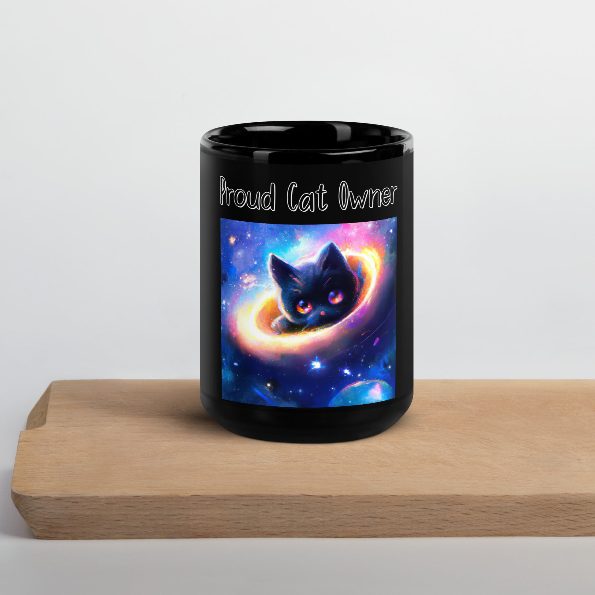 Black Glossy Mug with Kitten Inside A Galaxy with a text "Proud Cat Owner" at $25.97 found at Personalizedpetlovergifts