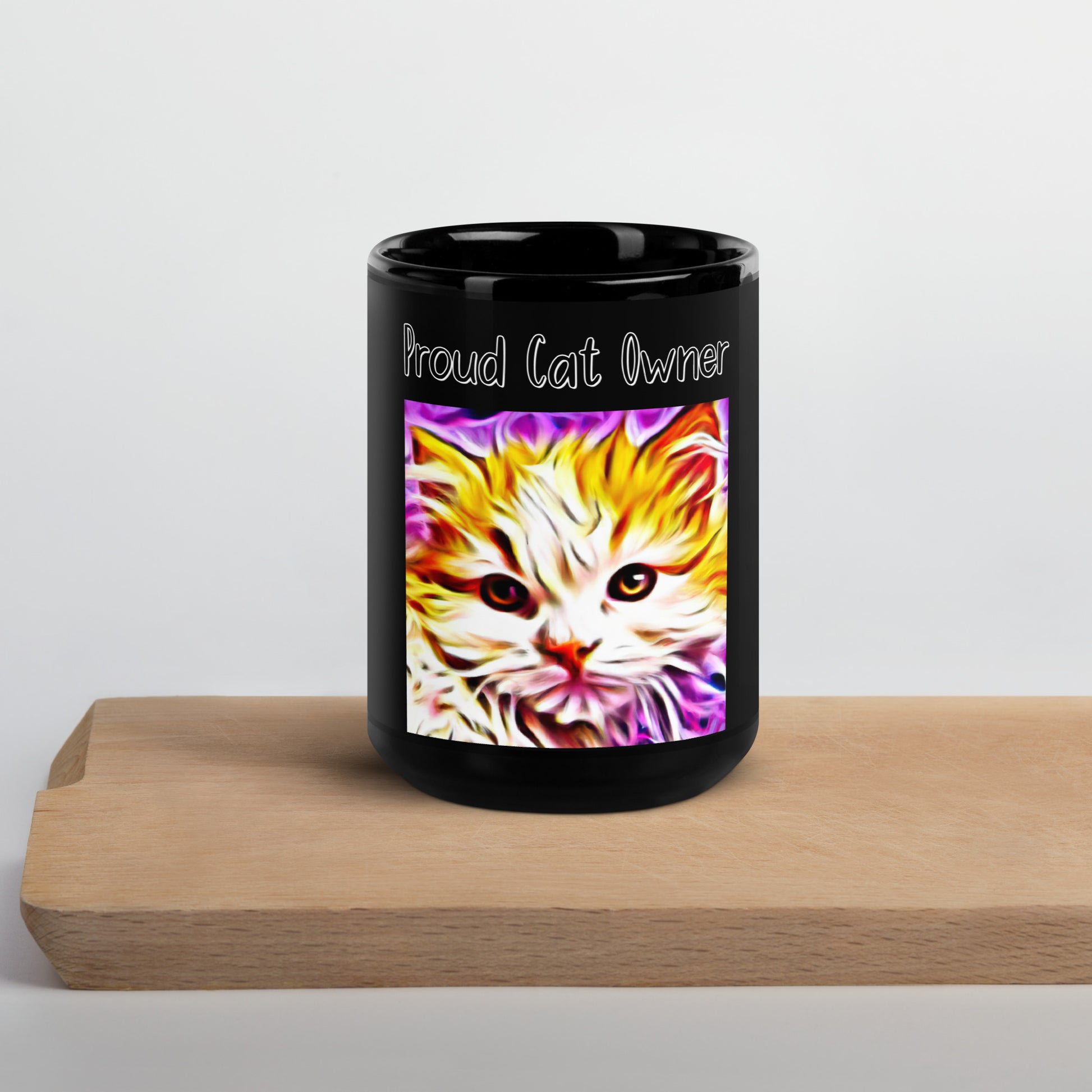 Black Glossy Mug with Kitten In Trippy Colors with a text "Proud Cat Owner" at $25.97 found at Personalizedpetlovergifts