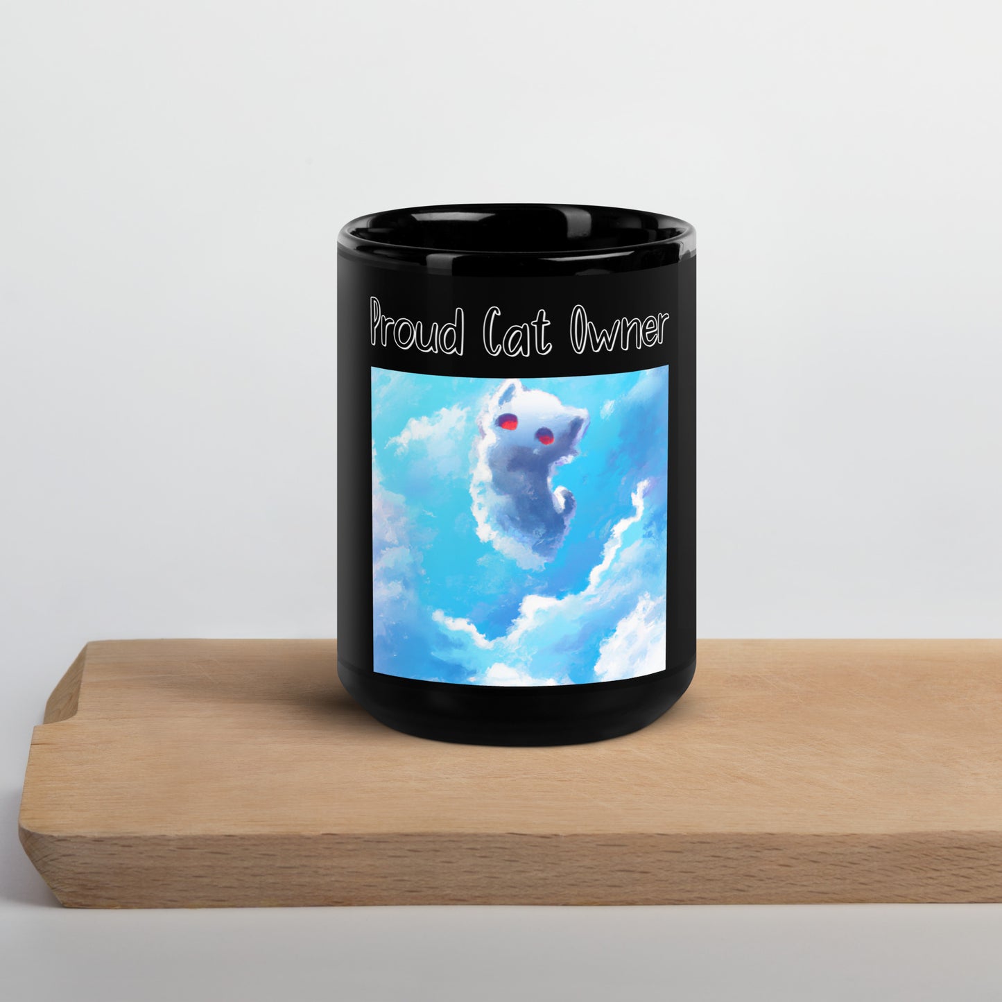 Black Glossy Mug with Kitten In the Sky with a text "Proud Cat Owner" at $25.97 found at Personalizedpetlovergifts