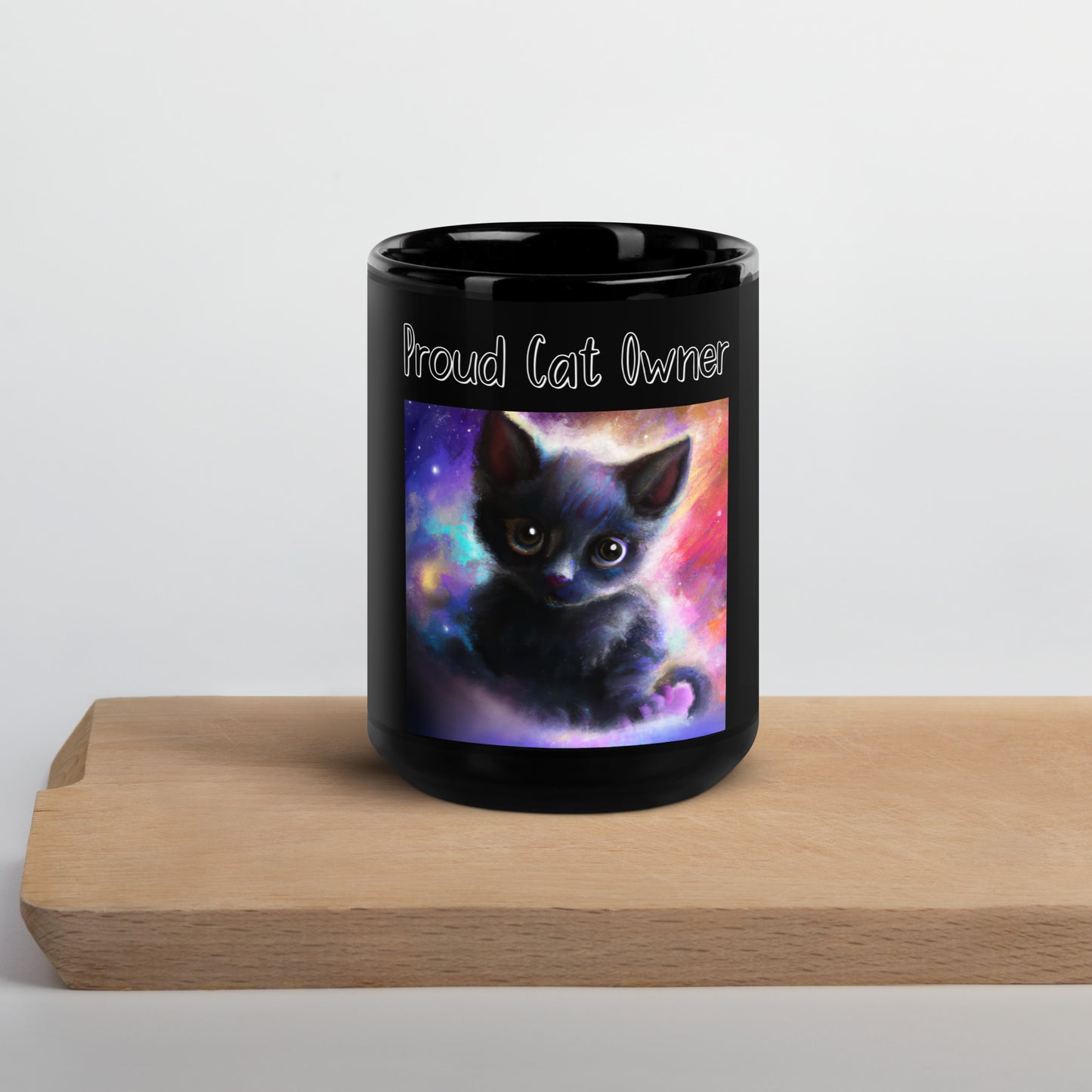 Black Glossy Mug with Kitten In The Galaxy with a text "Proud Cat Owner" at $25.97 found at Personalizedpetlovergifts