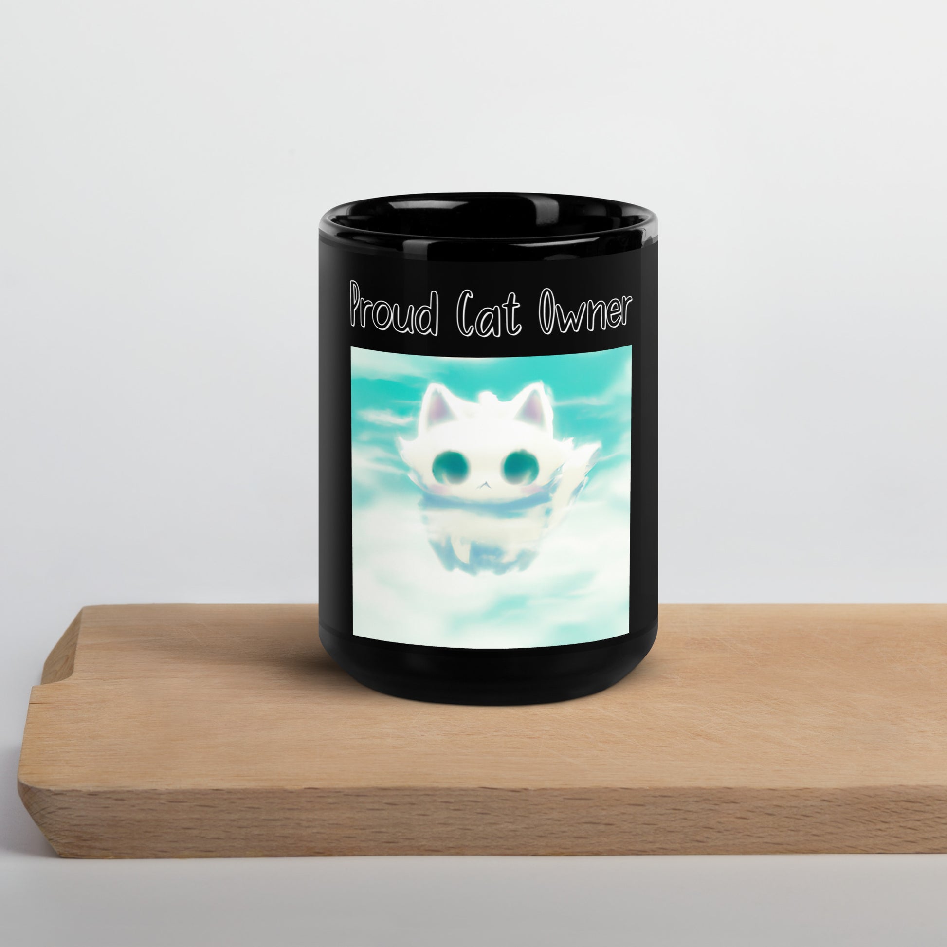 Black Glossy Mug with Kitten In The Clouds with a text "Proud Cat Owner" at $25.97 found at Personalizedpetlovergifts