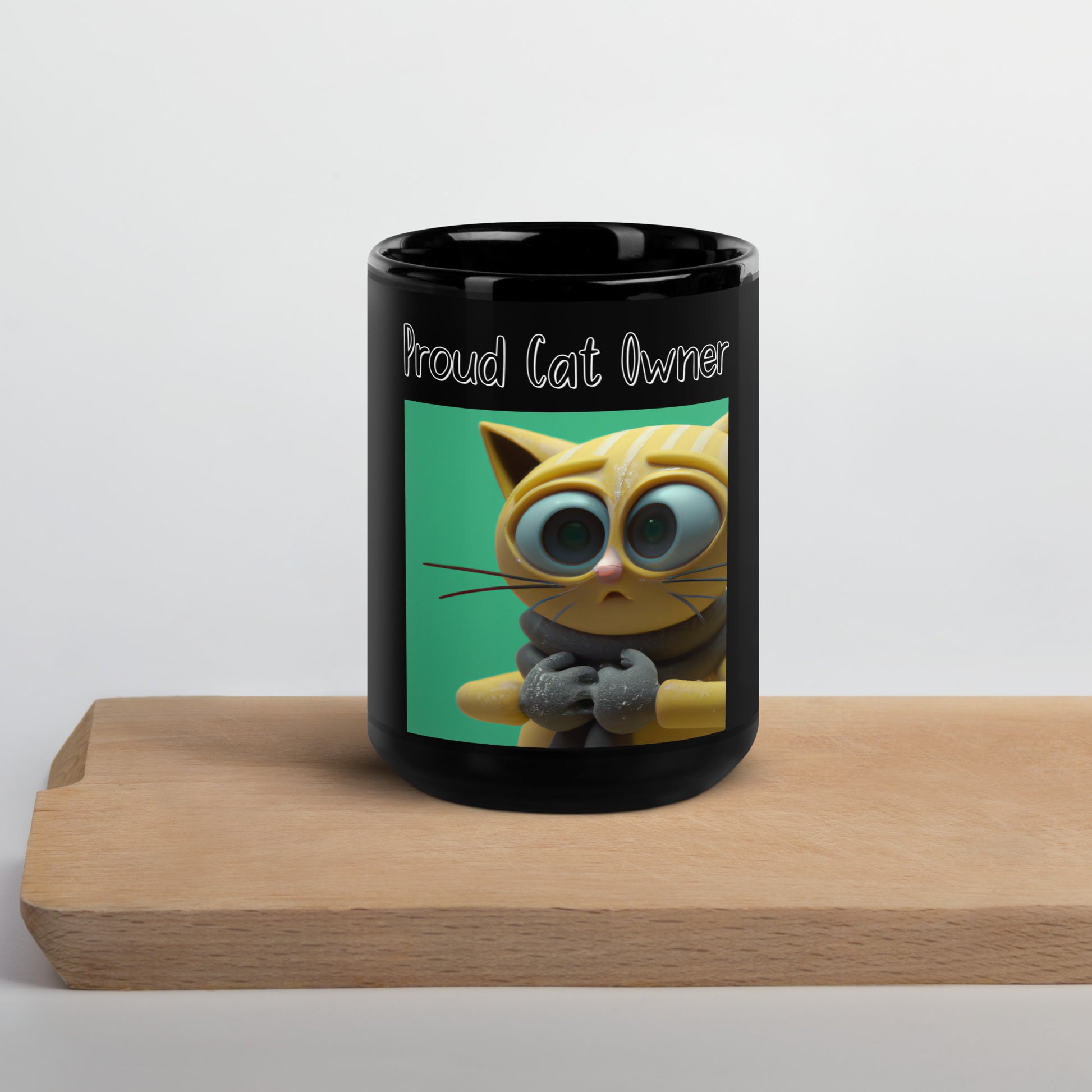 Black Glossy Mug with Kitten In Mittens with a text "Proud Cat Owner" at $25.97 found at Personalizedpetlovergifts