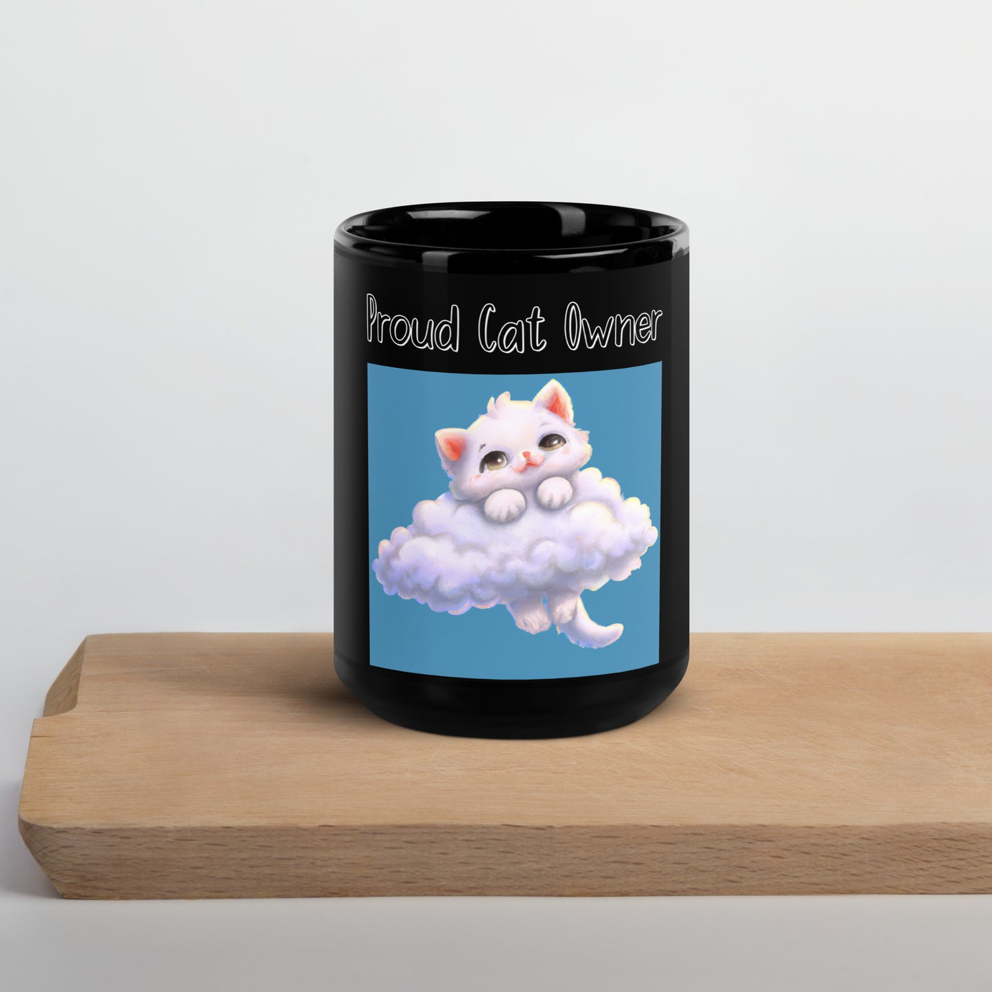 Black Glossy Mug with KItten In Clouds with a text "Proud Cat Owner" at $25.97 found at Personalizedpetlovergifts