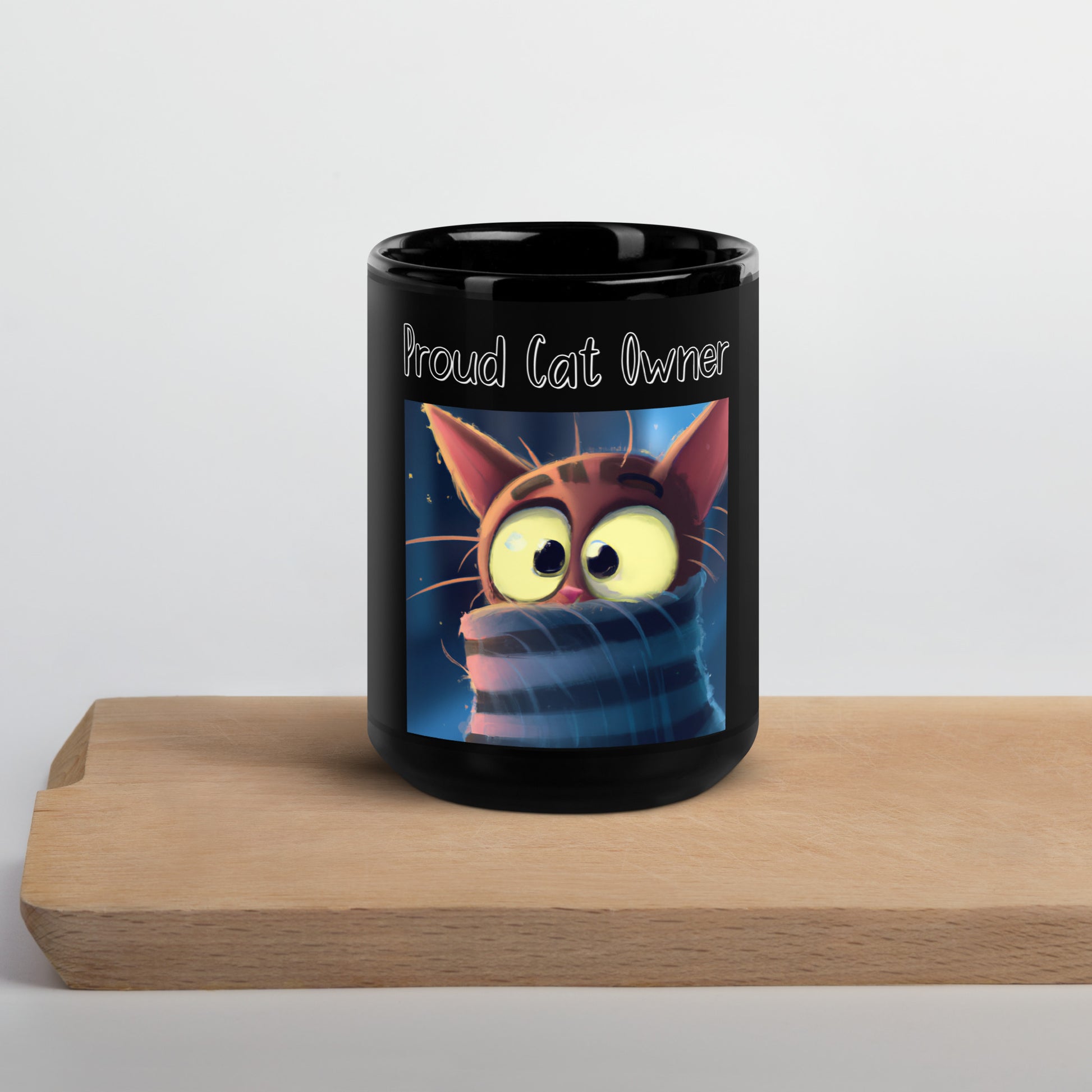 Black Glossy Mug with Kitten In A Turtleneck with a text "Proud Cat Owner" at $25.97 found at Personalizedpetlovergifts