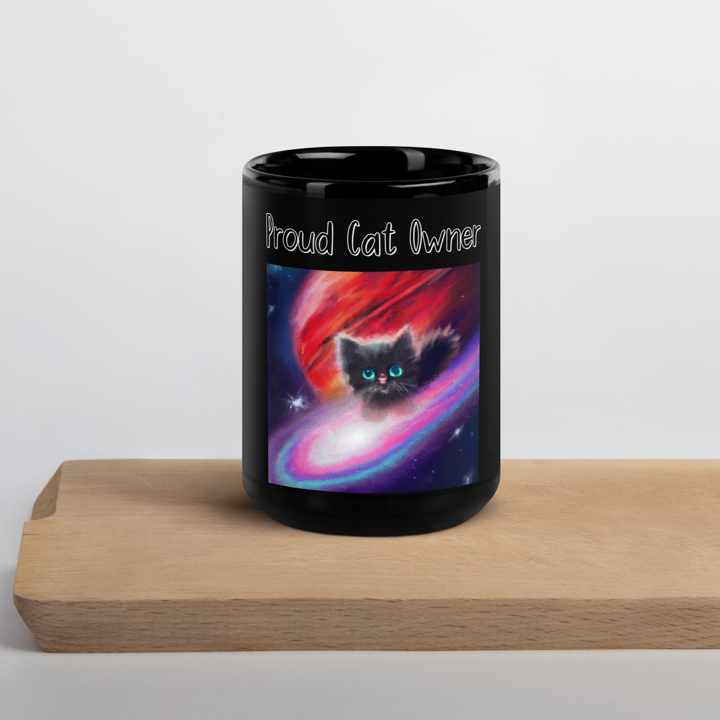 Black Glossy Mug with Kitten In a Galaxy with a text "Proud Cat Owner" at $25.97 found at Personalizedpetlovergifts