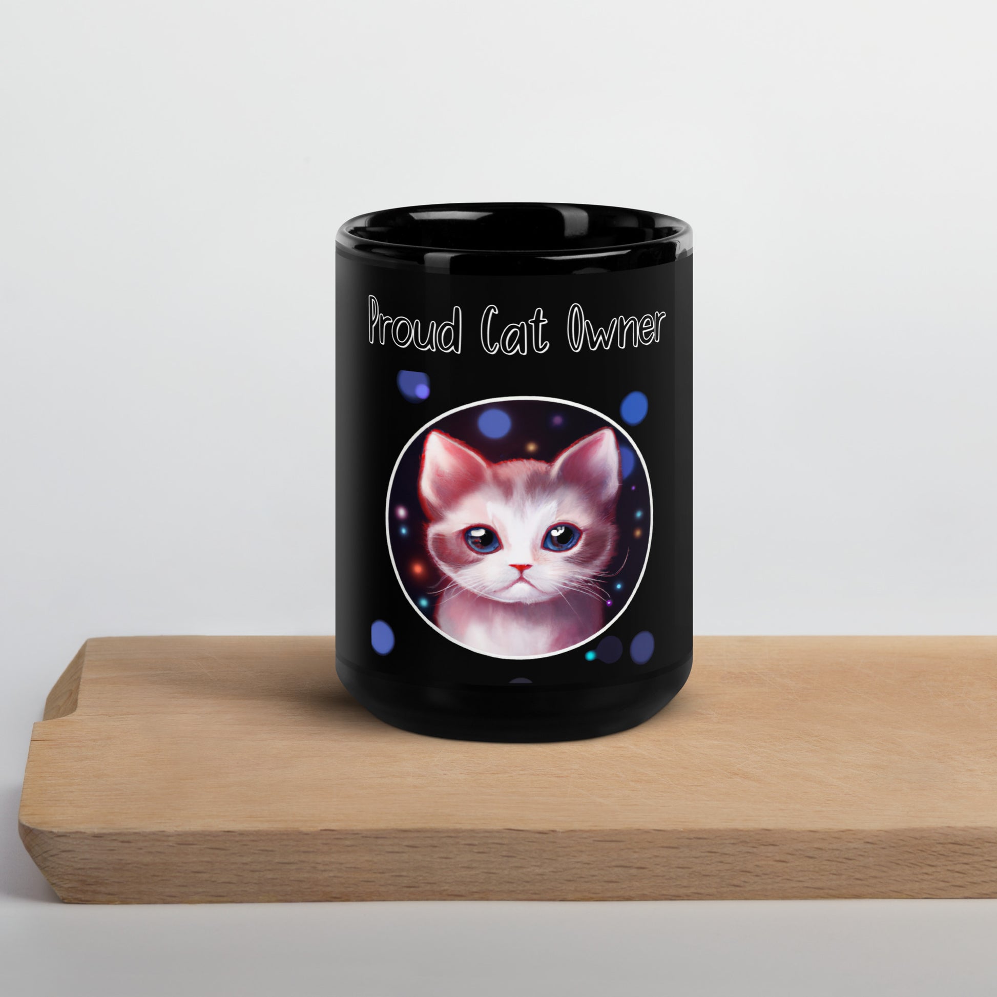 Black Glossy Mug with Kitten In a Galaxy Circle with a text "Proud Cat Owner" at $25.97 found at Personalizedpetlovergifts