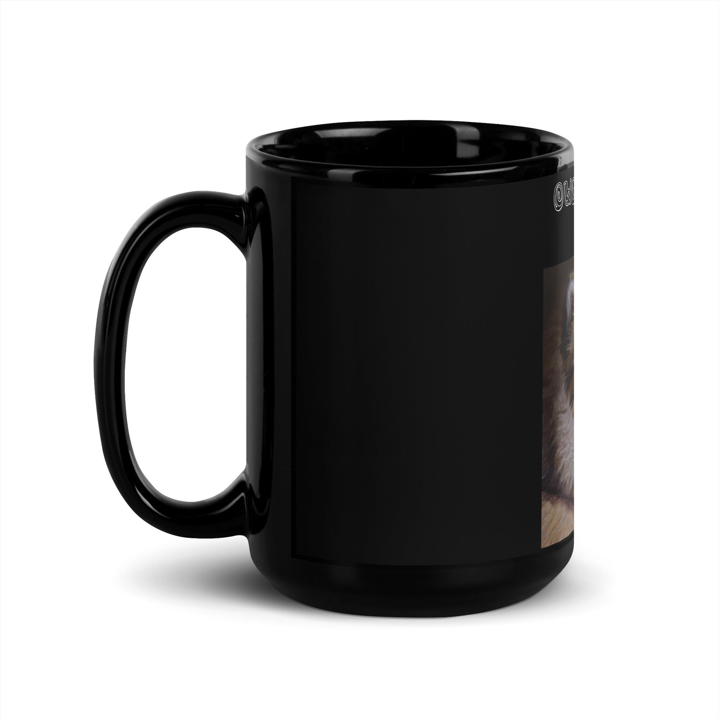 Black Glossy Mug with Small Fluffy Kitten Painting with text "Owned by a Cat" at $19.99 found at Personalizedpetlovergifts