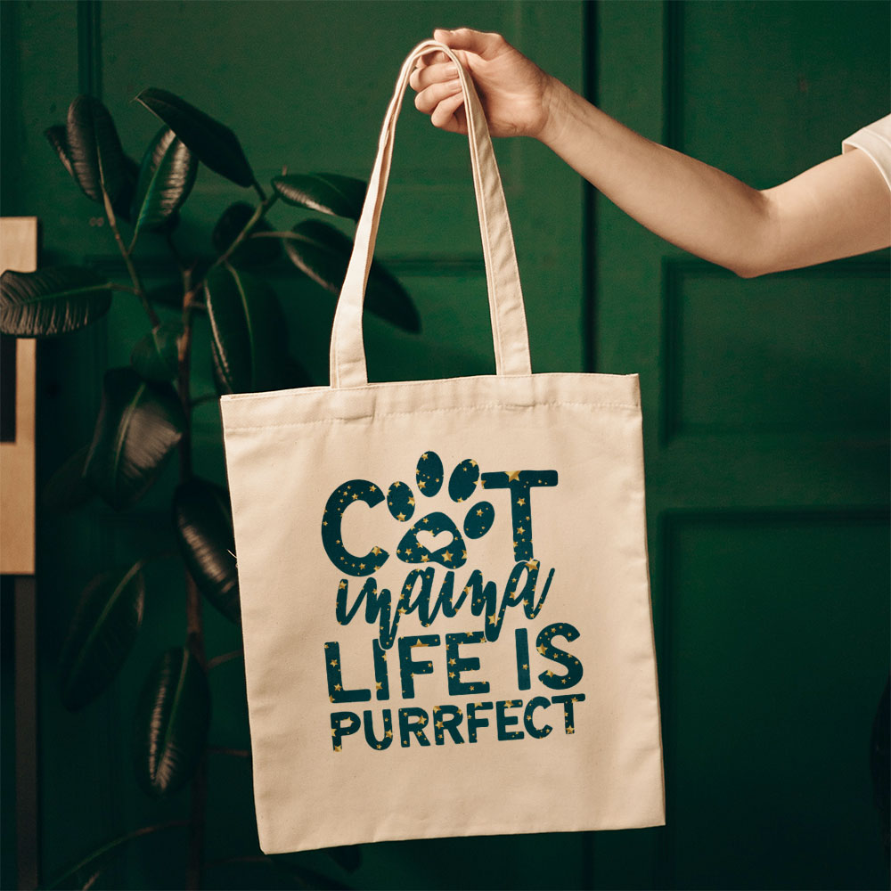 cat mama life is purrfect In Star Pattern Tote at $22.95 found at Personalizedpetlovergifts