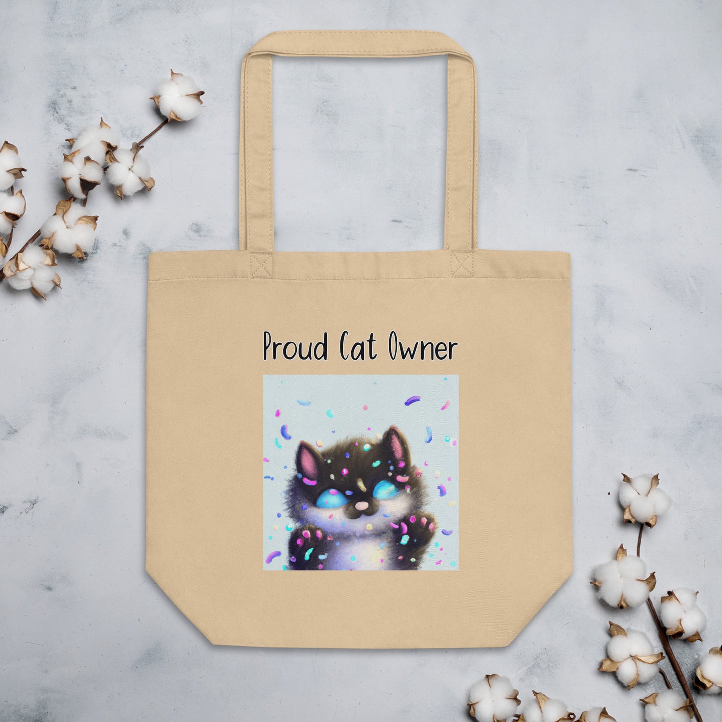 Eco Tote Bag with Kitten With Confetti with text "Proud Cat Owner" at $26.97 found at Personalizedpetlovergifts