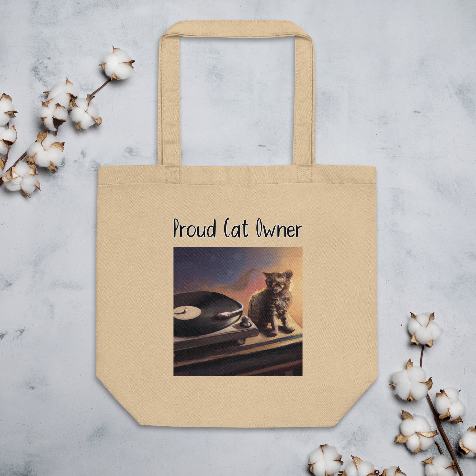 Eco Tote Bag with Kitten With a Vinyl Player with text "Proud Cat Owner" at $26.97 found at Personalizedpetlovergifts