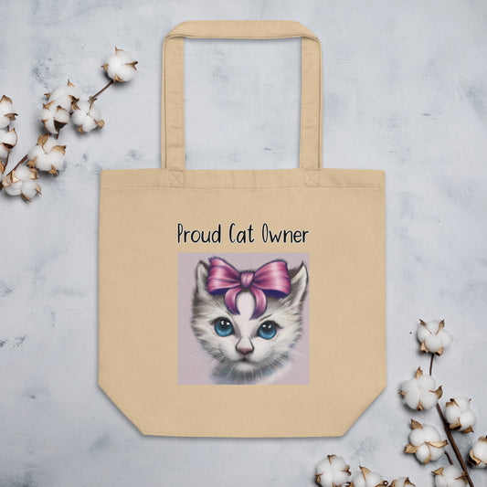 Eco Tote Bag with Kitten With a Bow with text "Proud Cat Owner" at $26.97 found at Personalizedpetlovergifts