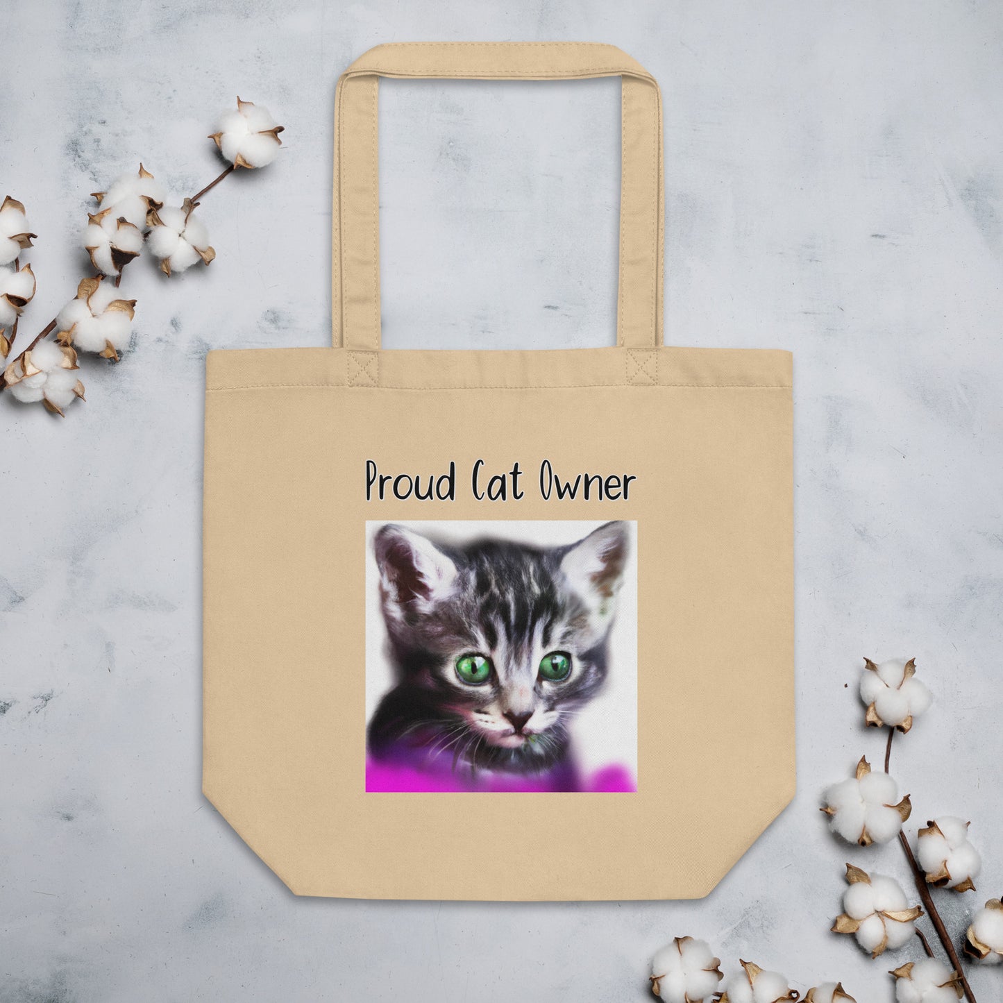 Eco Tote Bag with Kitten Portrait With Green Eyes with text "Proud Cat Owner" at $26.97 found at Personalizedpetlovergifts