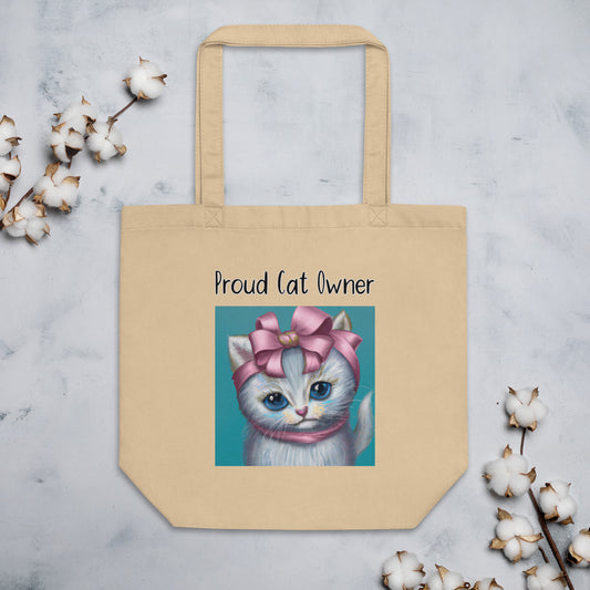 Eco Tote Bag with Kitten Portrait With a Pink Bow with text "Proud Cat Owner" at $26.97 found at Personalizedpetlovergifts