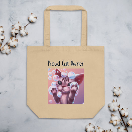 Eco Tote Bag with Kitten Playing With Soap Bubbles with text "Proud Cat Owner" at $26.97 found at Personalizedpetlovergifts