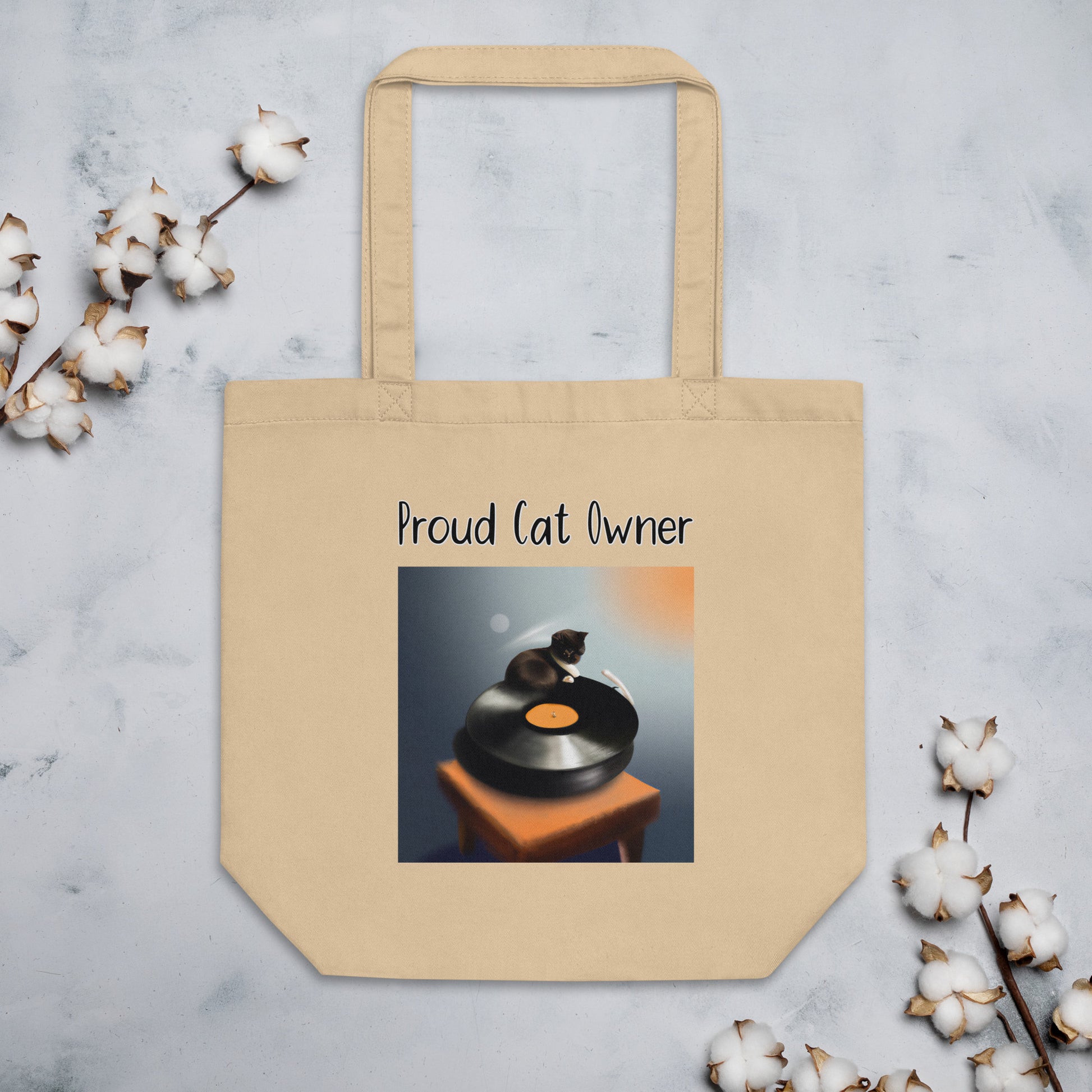 Eco Tote Bag with Kitten On a Vinyl Player with text "Proud Cat Owner" at $26.97 found at Personalizedpetlovergifts