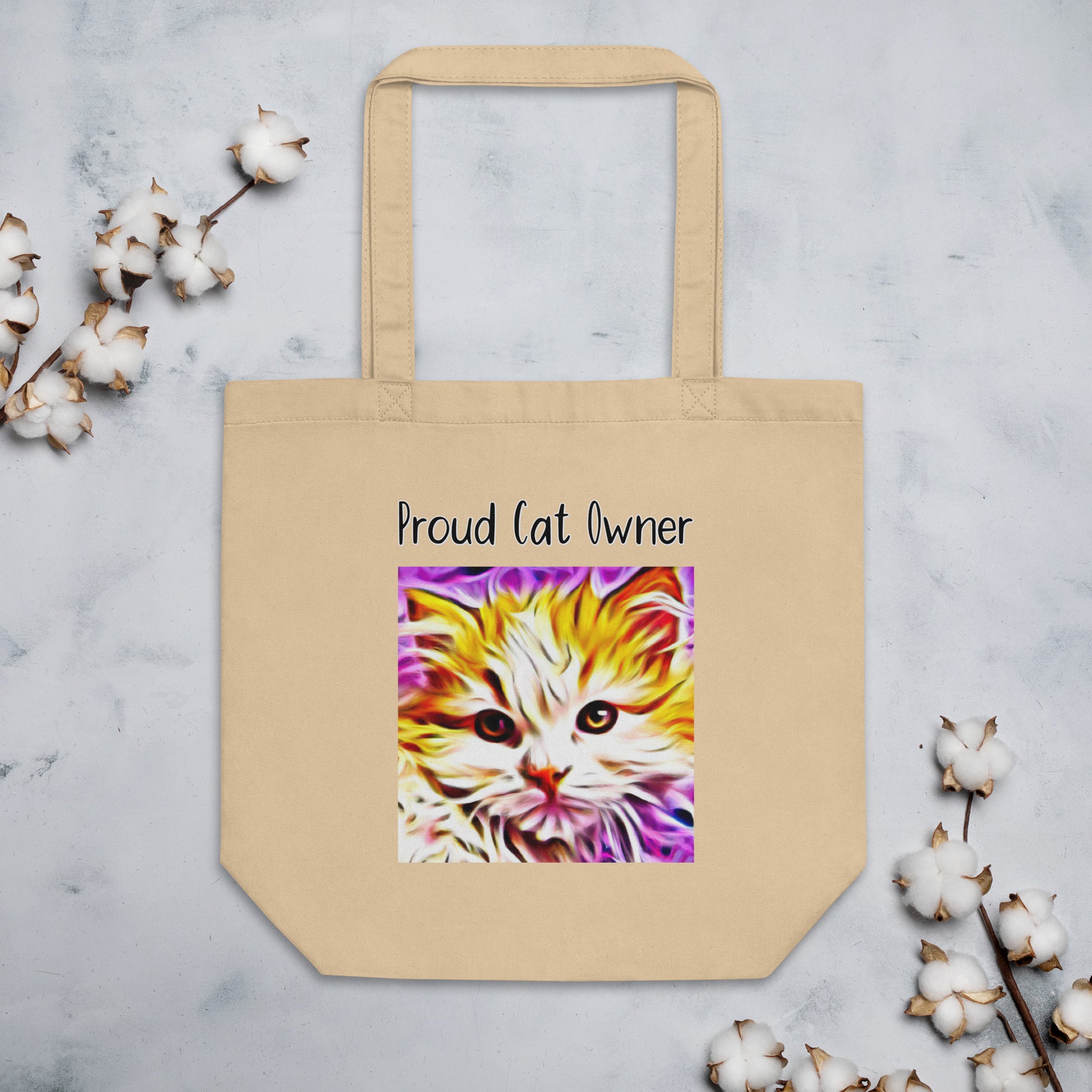 Eco Tote Bag with Kitten In Trippy Colors with text "Proud Cat Owner" at $26.97 found at Personalizedpetlovergifts