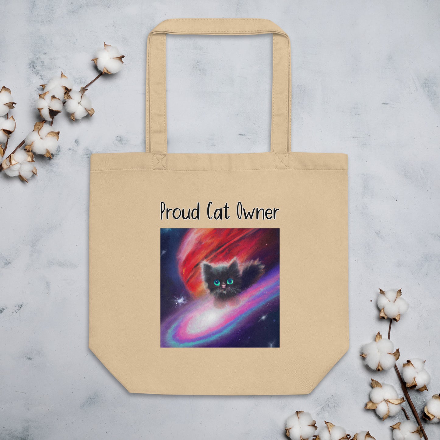 Eco Tote Bag with Kitten In a Galaxy with text "Proud Cat Owner" at $26.97 found at Personalizedpetlovergifts