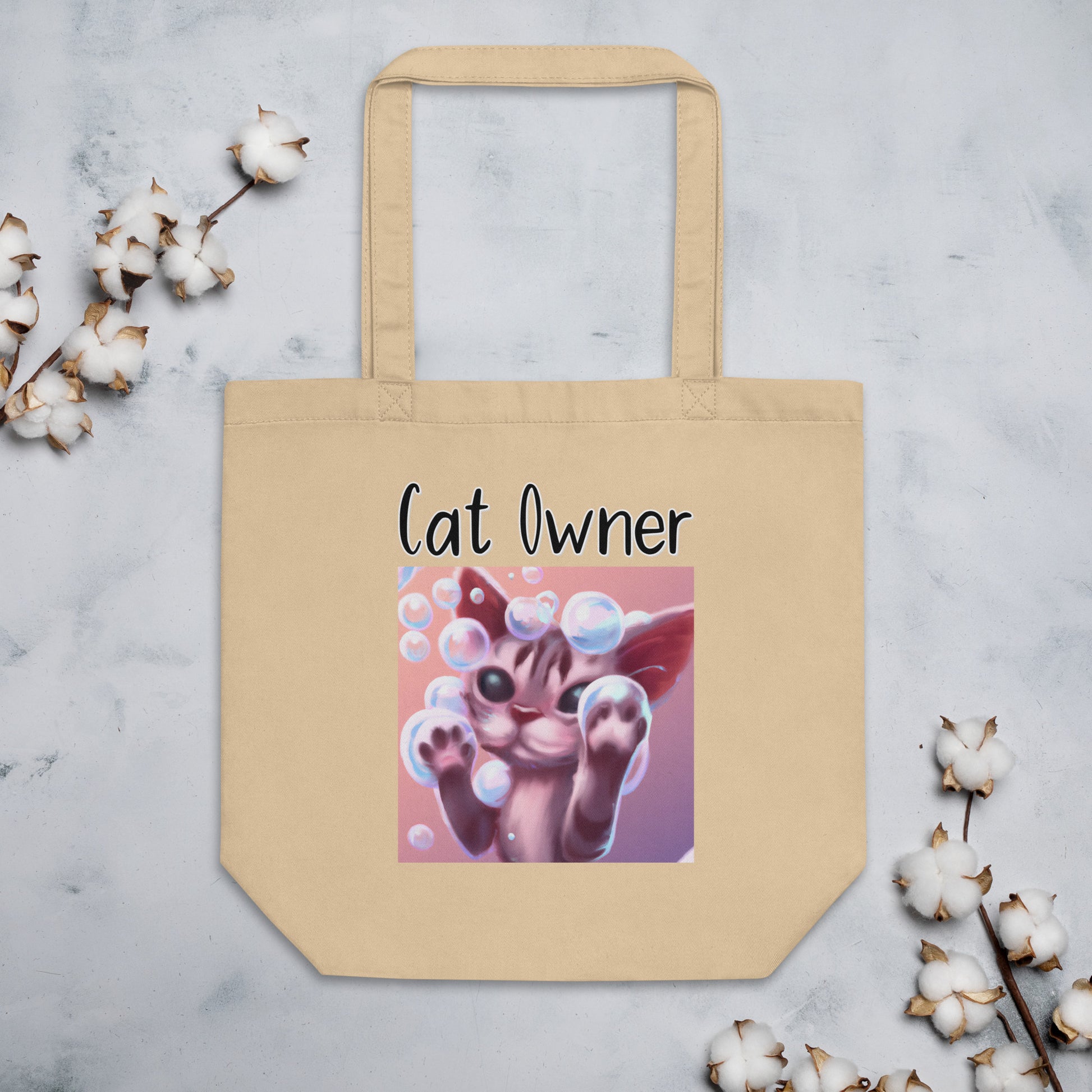 Eco Tote Bag with Kitten Playing With Soap Bubbles with text "Cat Owner" at $26.97 found at Personalizedpetlovergifts